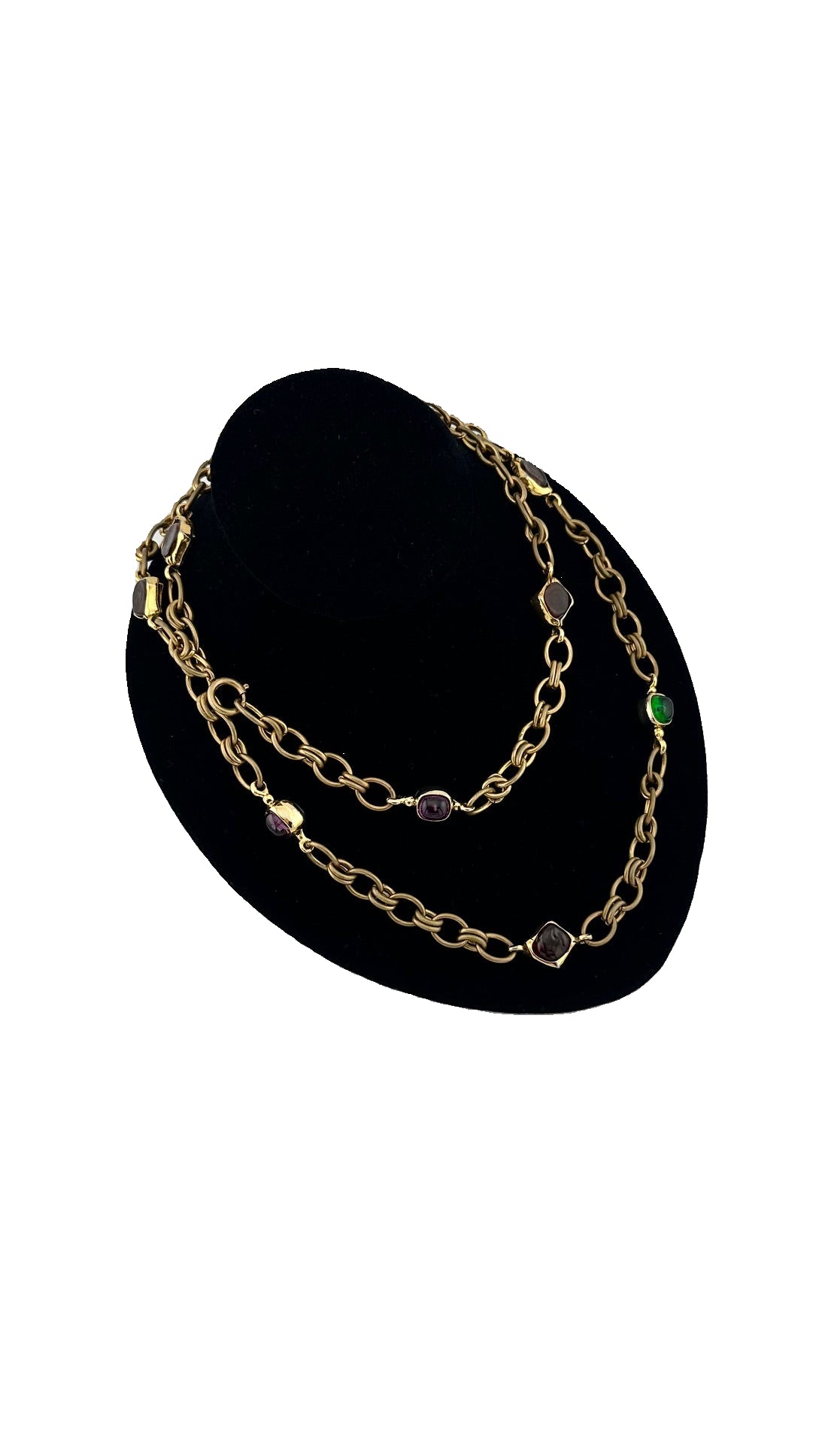 Chanel - Vintage Gripoix Necklace Glass Cabochons Gold Tone Chain 1970's