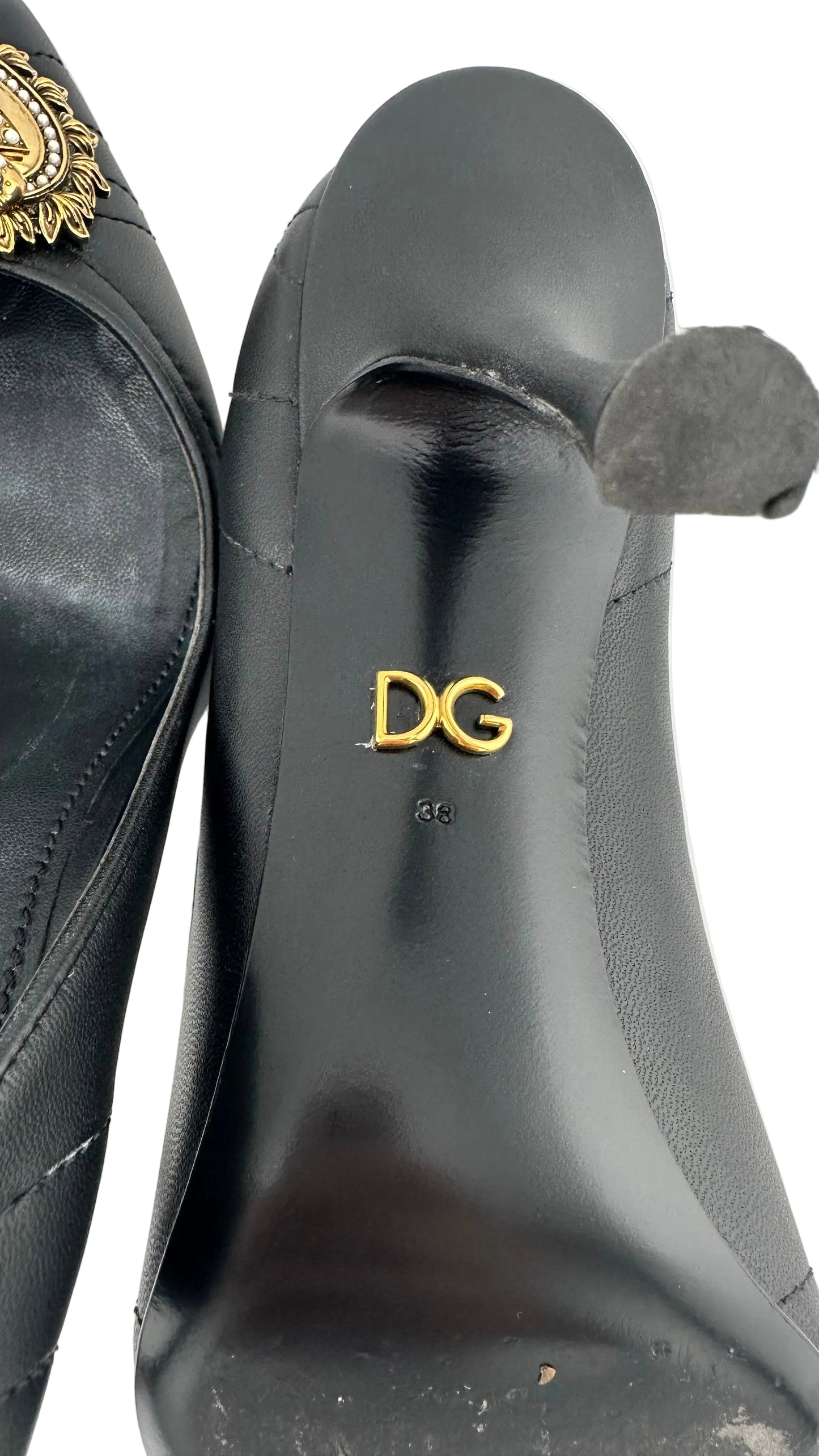 DOLCE & GABBANA - Lori Devotion Black Leather Heels with Gold Heart - 38