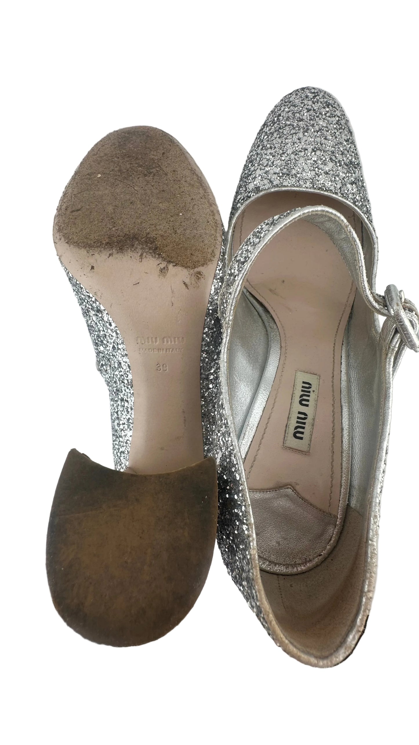 Miu Miu - Silver Glitter Mary Jane Heels - 39