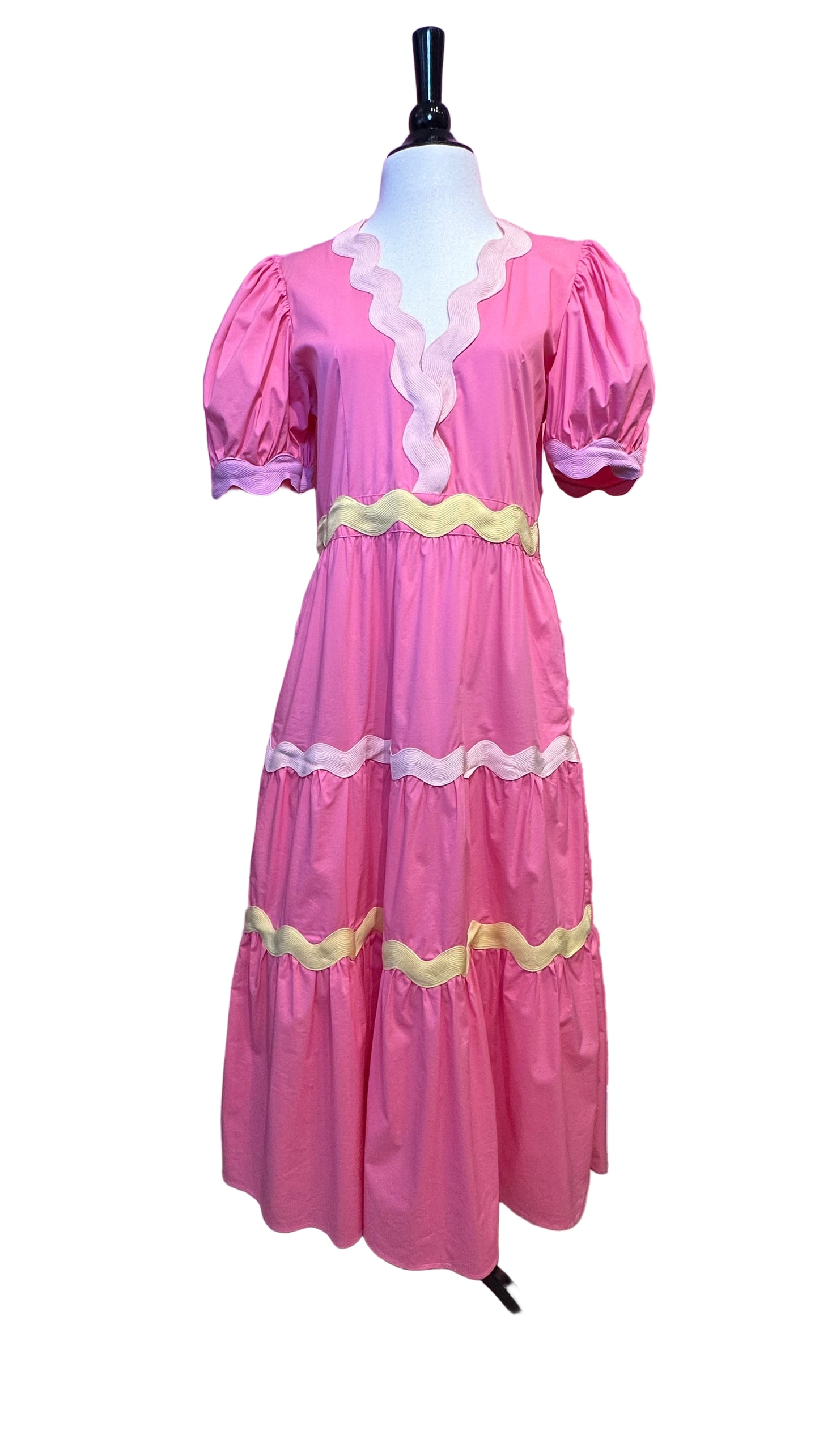 Celia B - Pink puffed sleeve ric rac trim dress - Large