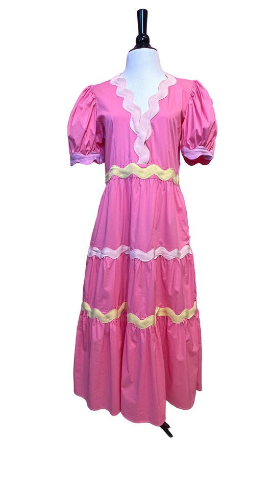 Celia B - Pink puffed sleeve ric rac trim dress - Large