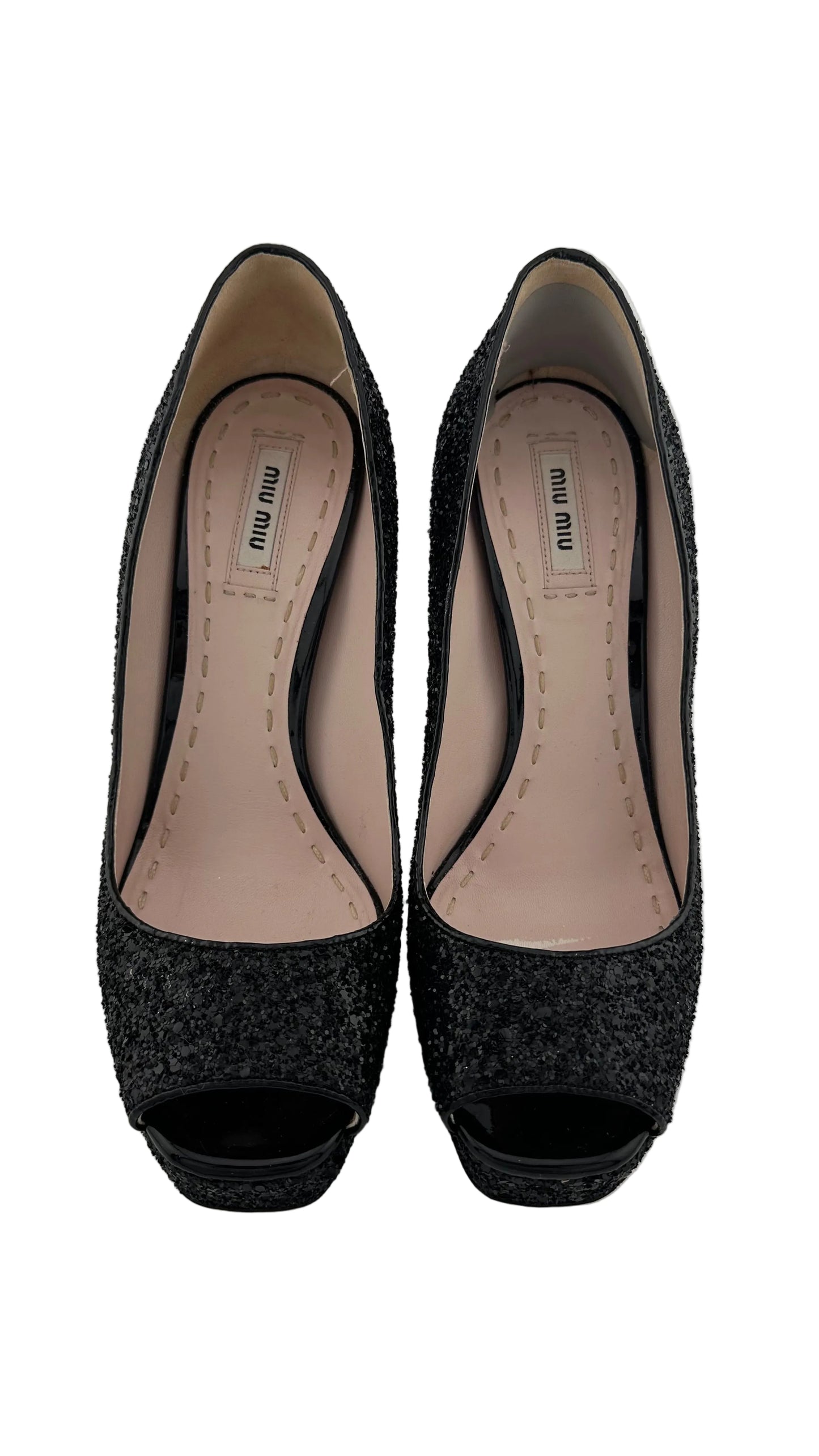 Miu Miu - Black Glitter Crystal Peep Toe Platform Heels - 39