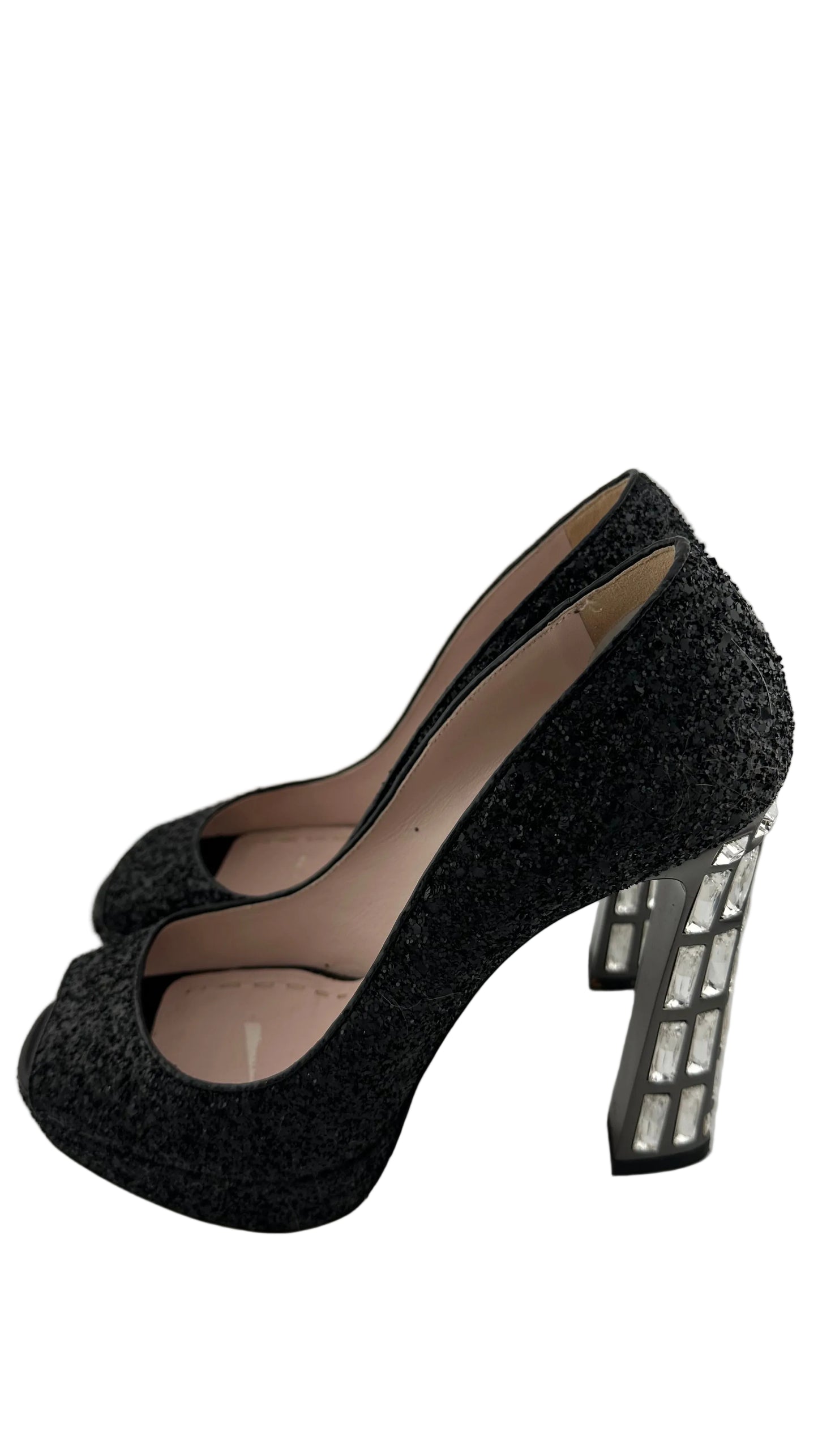 Miu Miu - Black Glitter Crystal Peep Toe Platform Heels - 39