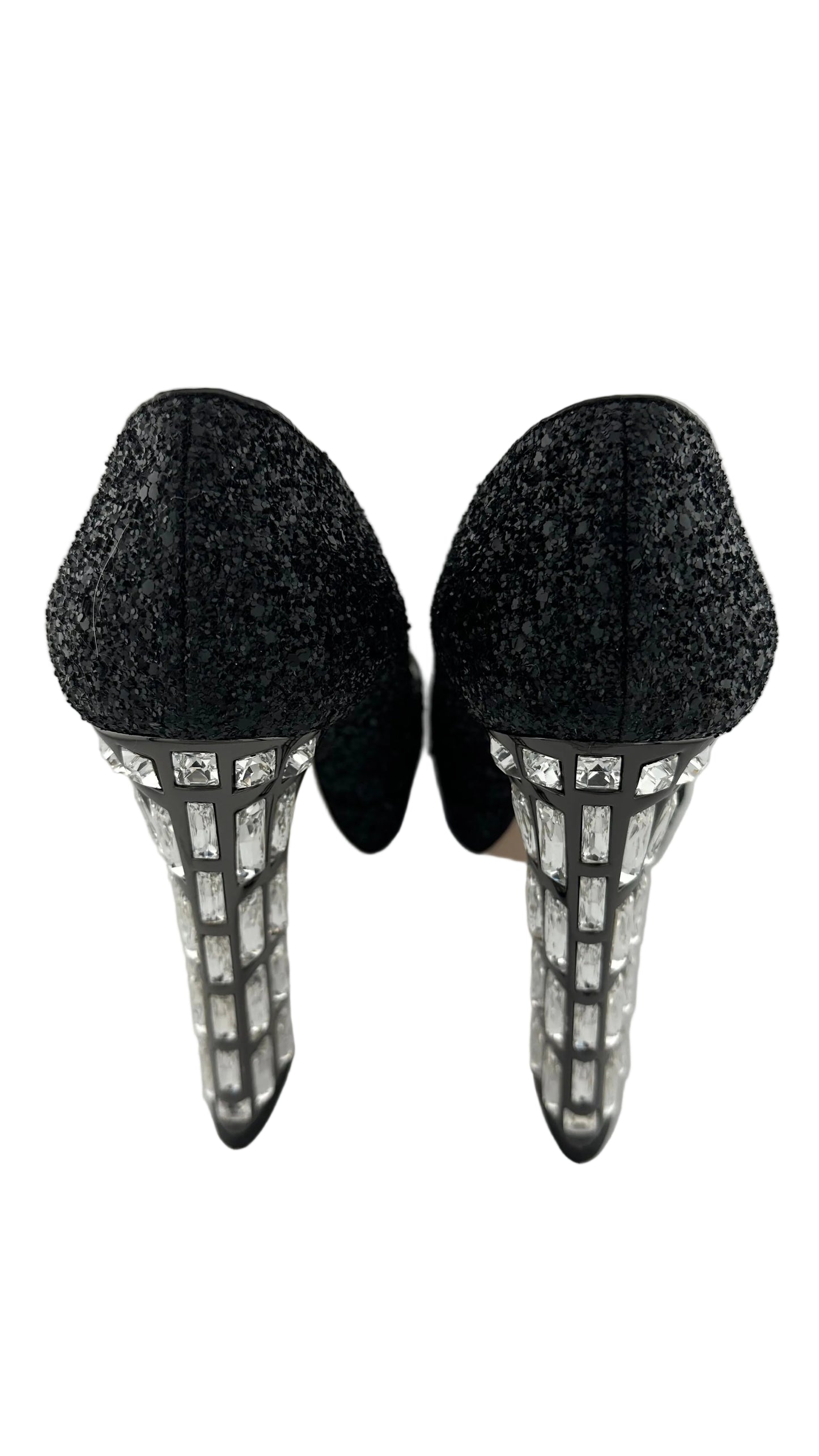 Miu Miu - Black Glitter Crystal Peep Toe Platform Heels - 39