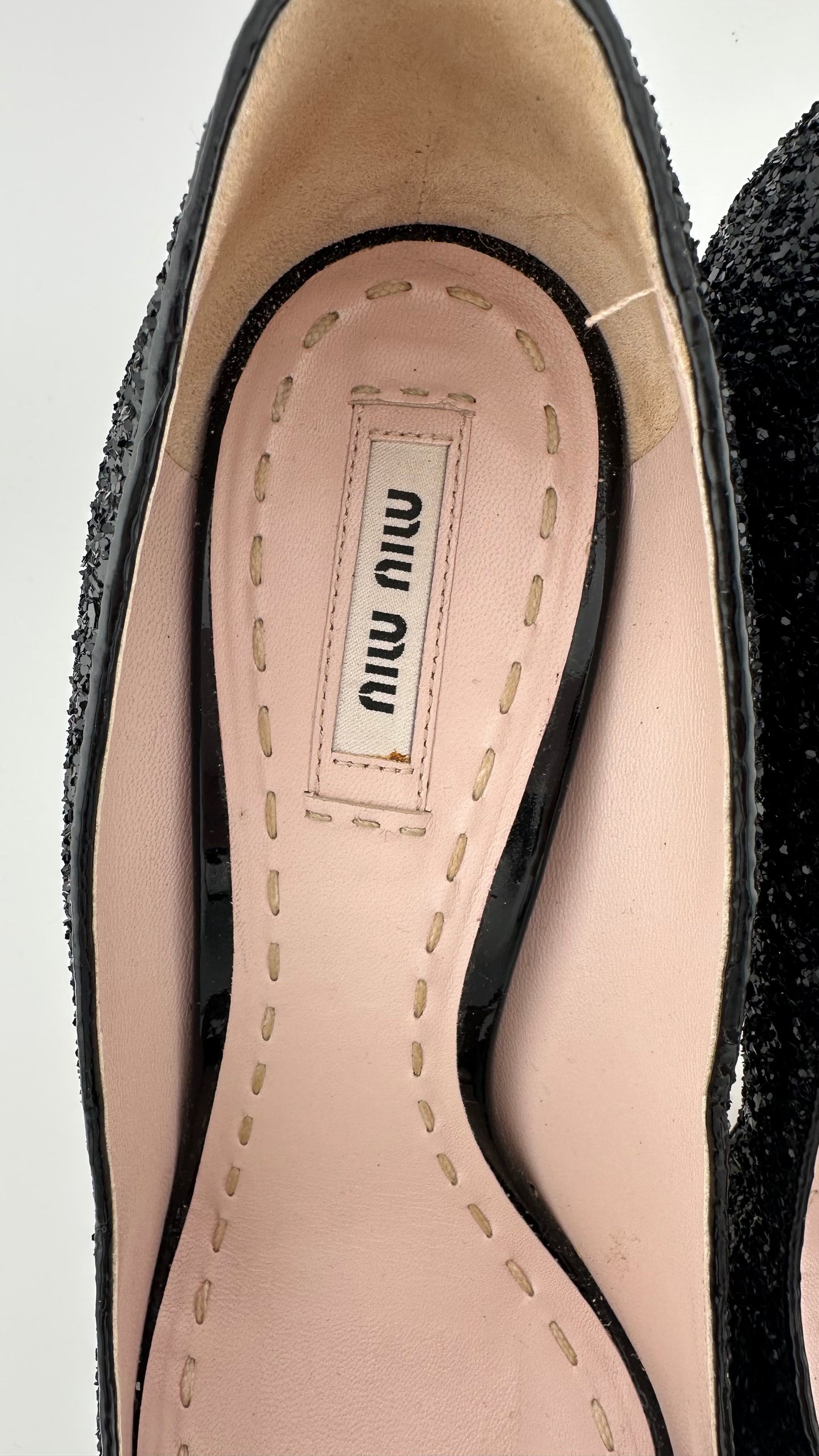 Miu Miu - Black Glitter Crystal Peep Toe Platform Heels - 39