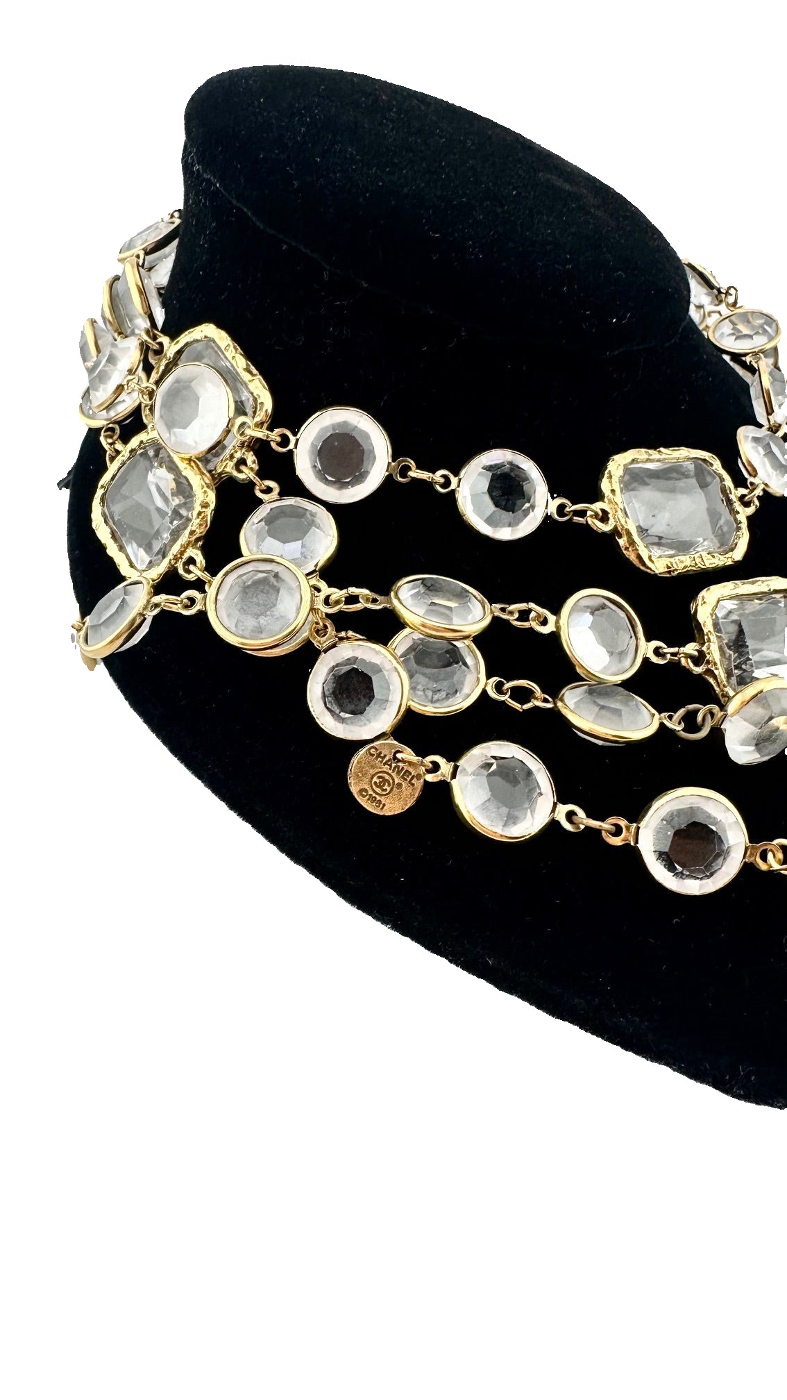Chanel - Vintage 1981 Gold Clear Crystal Chicklet Sautoir Necklace