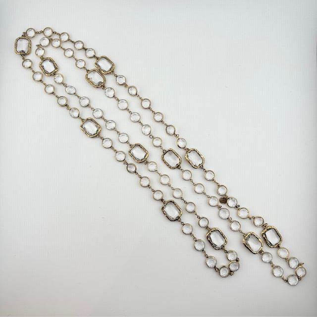 Chanel - Vintage 1981 Gold Clear Crystal Chicklet Sautoir Necklace