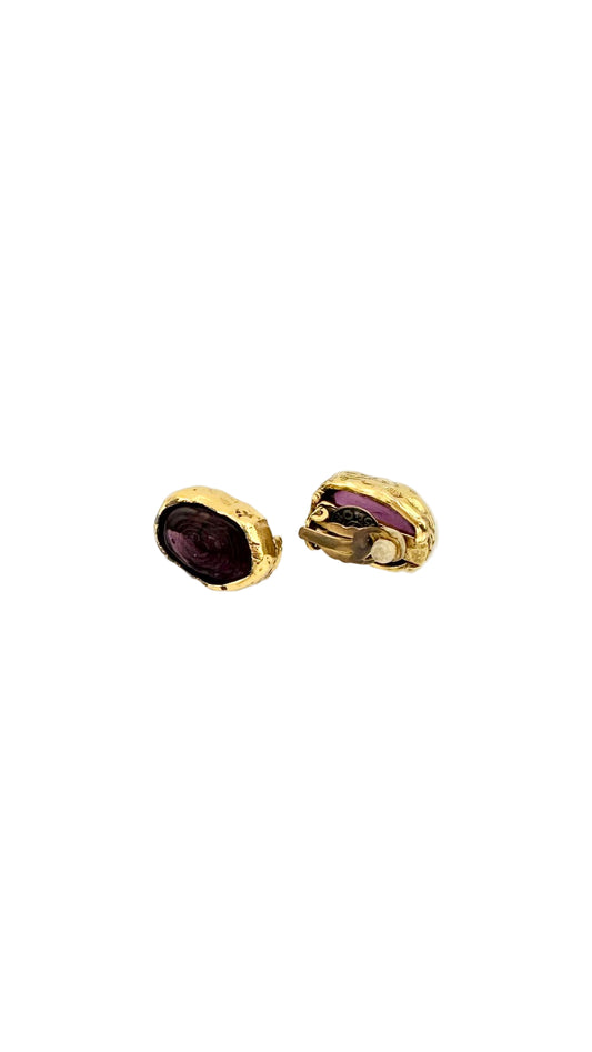 Chanel - 24K Gold Plated Purple Glass 1980's France Clip Earrings