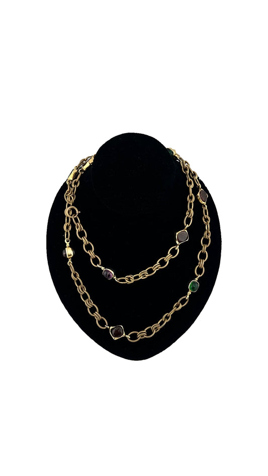 Chanel - Vintage Gripoix Necklace Glass Cabochons Gold Tone Chain 1970's
