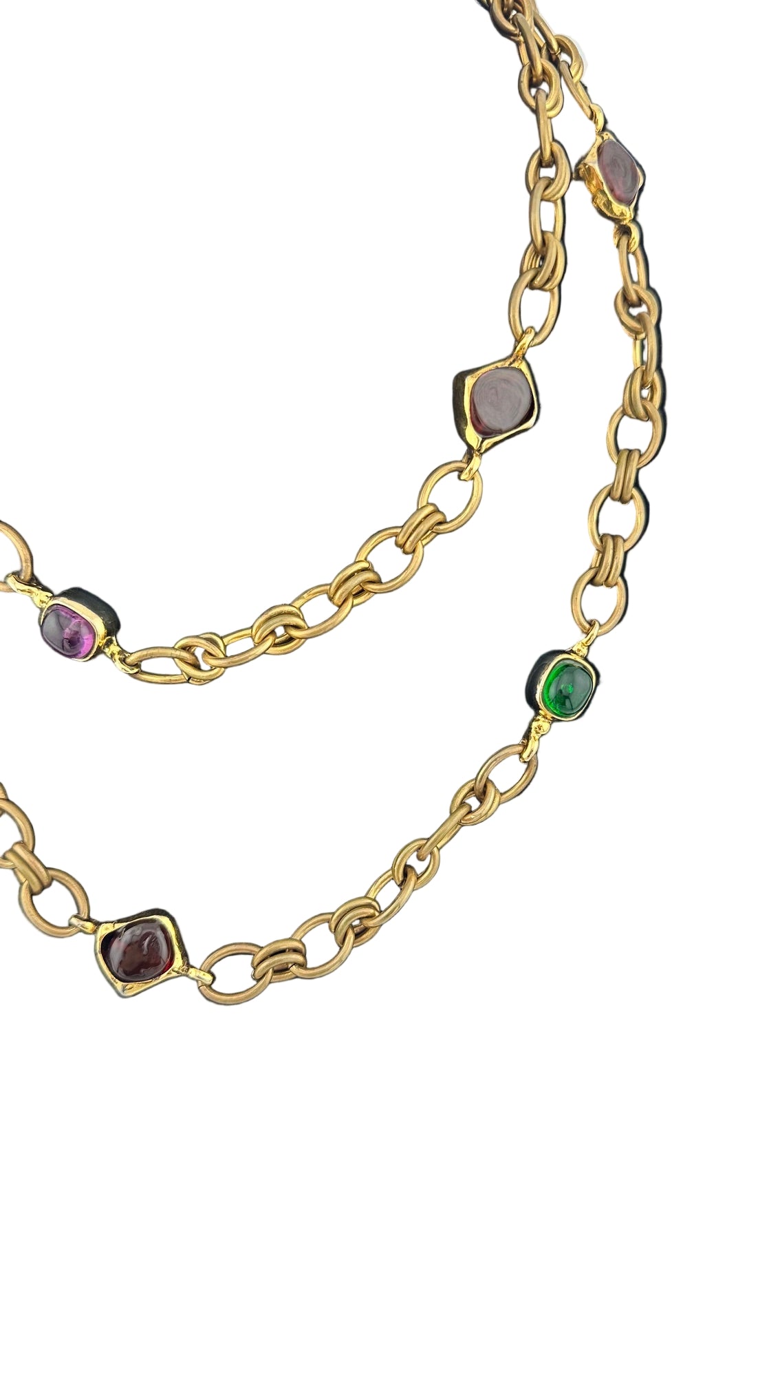 Chanel - Vintage Gripoix Necklace Glass Cabochons Gold Tone Chain 1970's