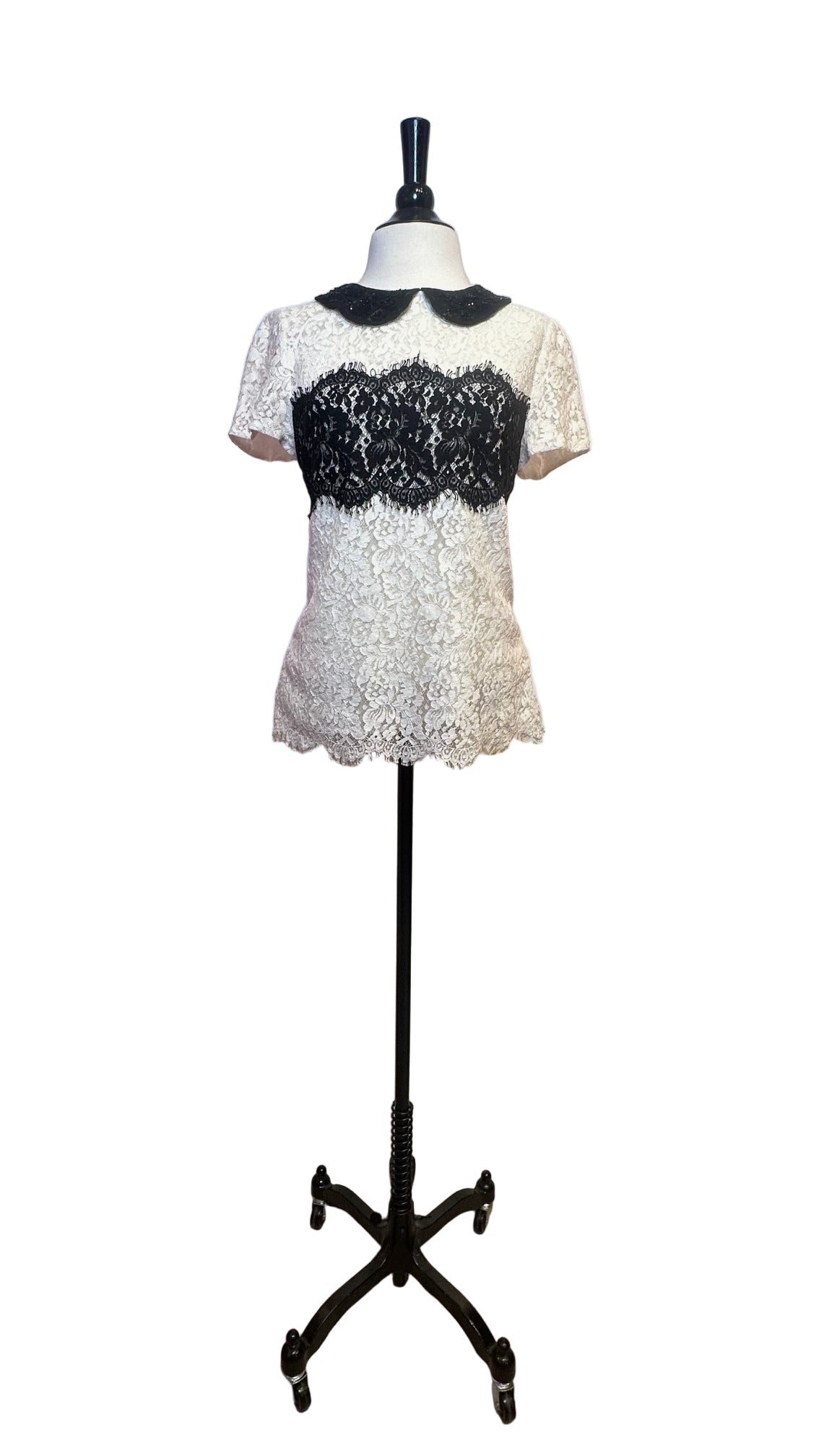 Peter Som - Black And White Lace Short Sleeve Top - Small