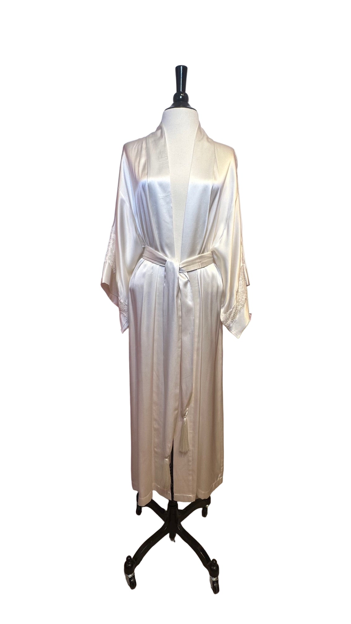 Josie Natori - White Silk Robe with Lace Trim - X-Small