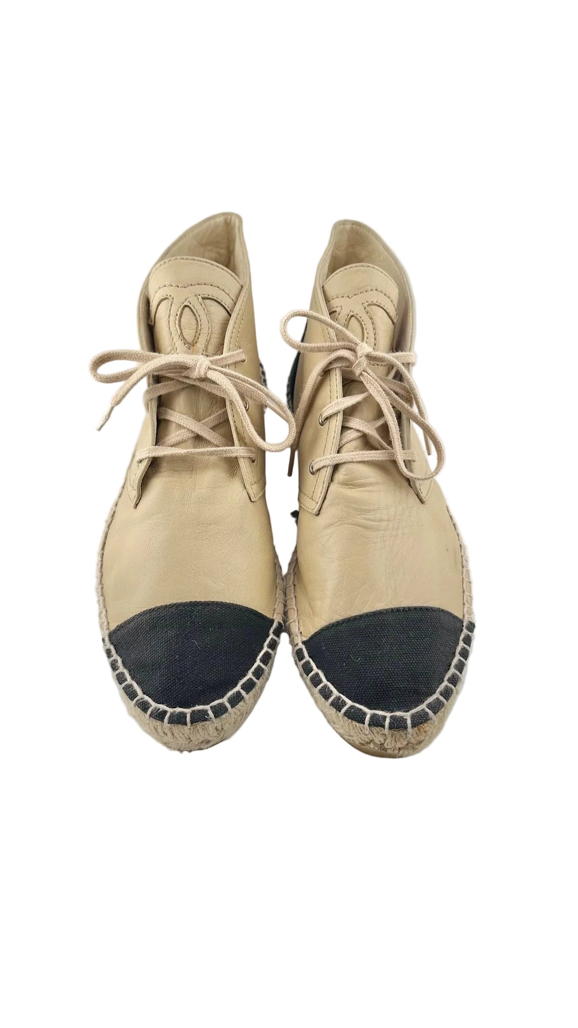 Chanel - Beige Black Leather Espadrilles - 42