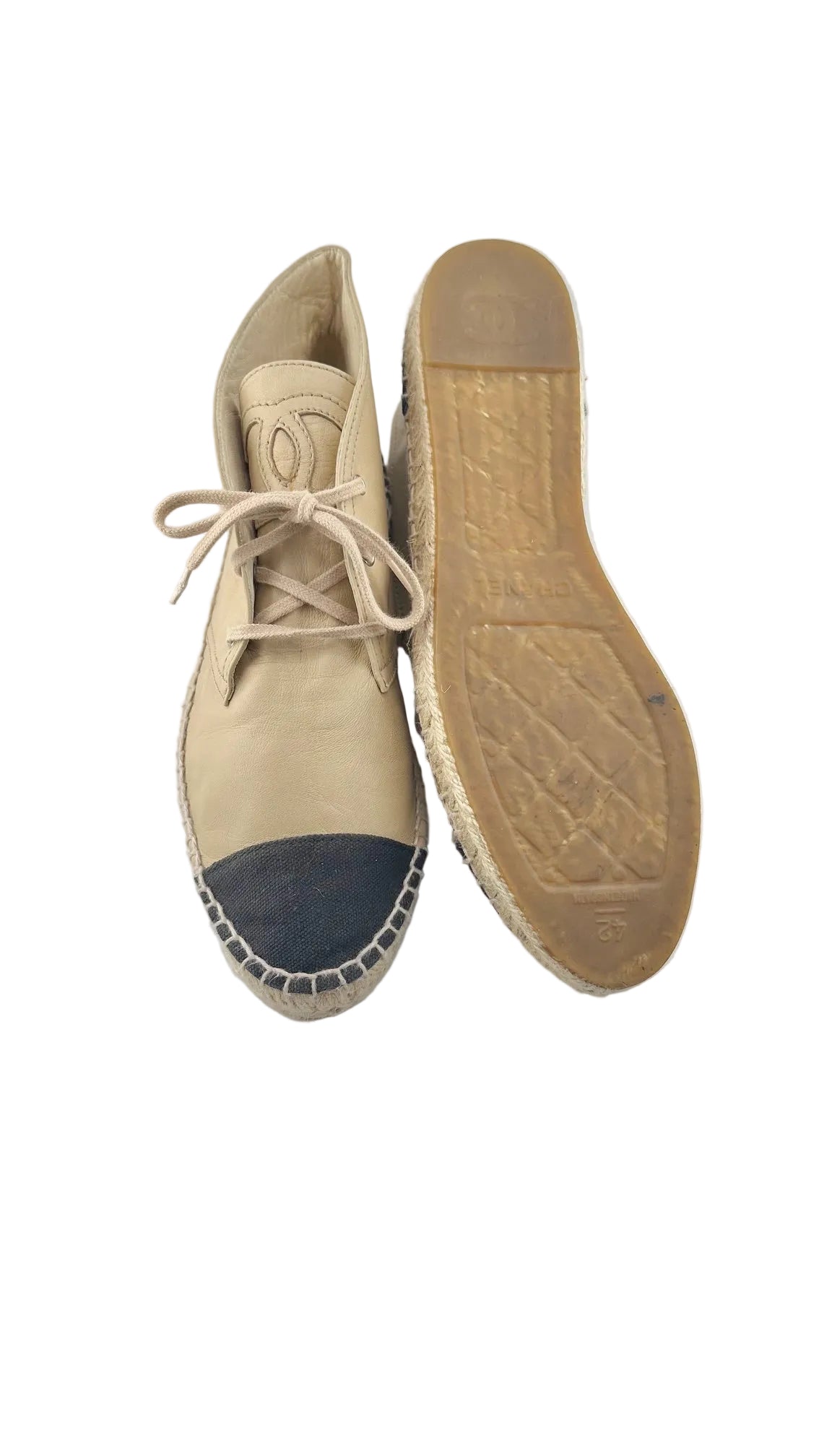 Chanel - Beige Black Leather Espadrilles - 42