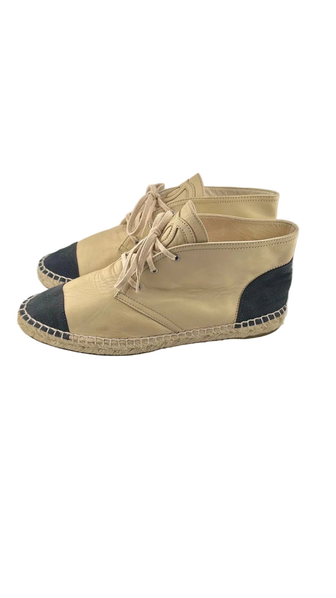 Chanel - Beige Black Leather Espadrilles - 42