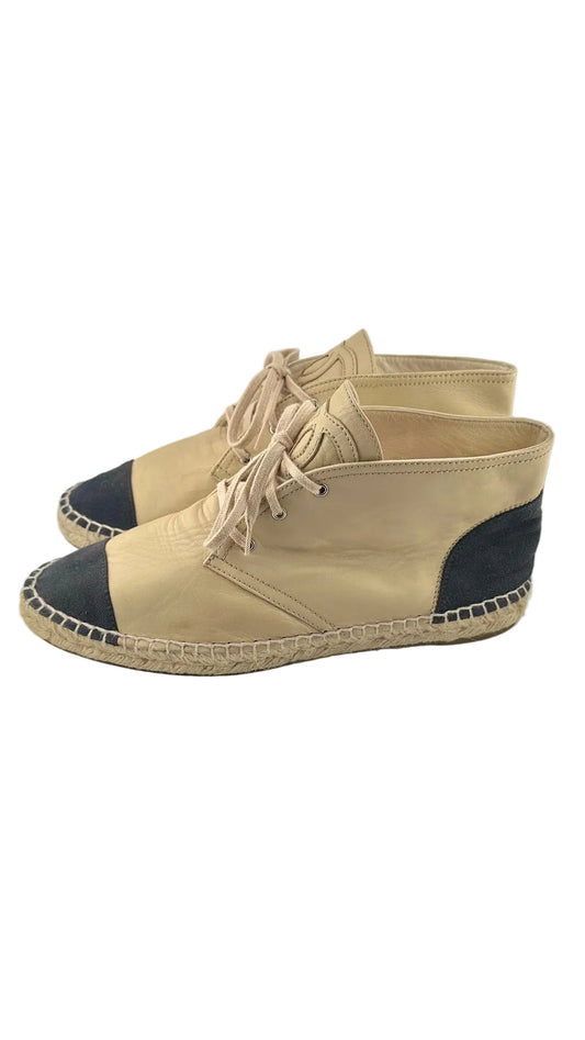 Chanel - Beige Black Leather Espadrilles - 42