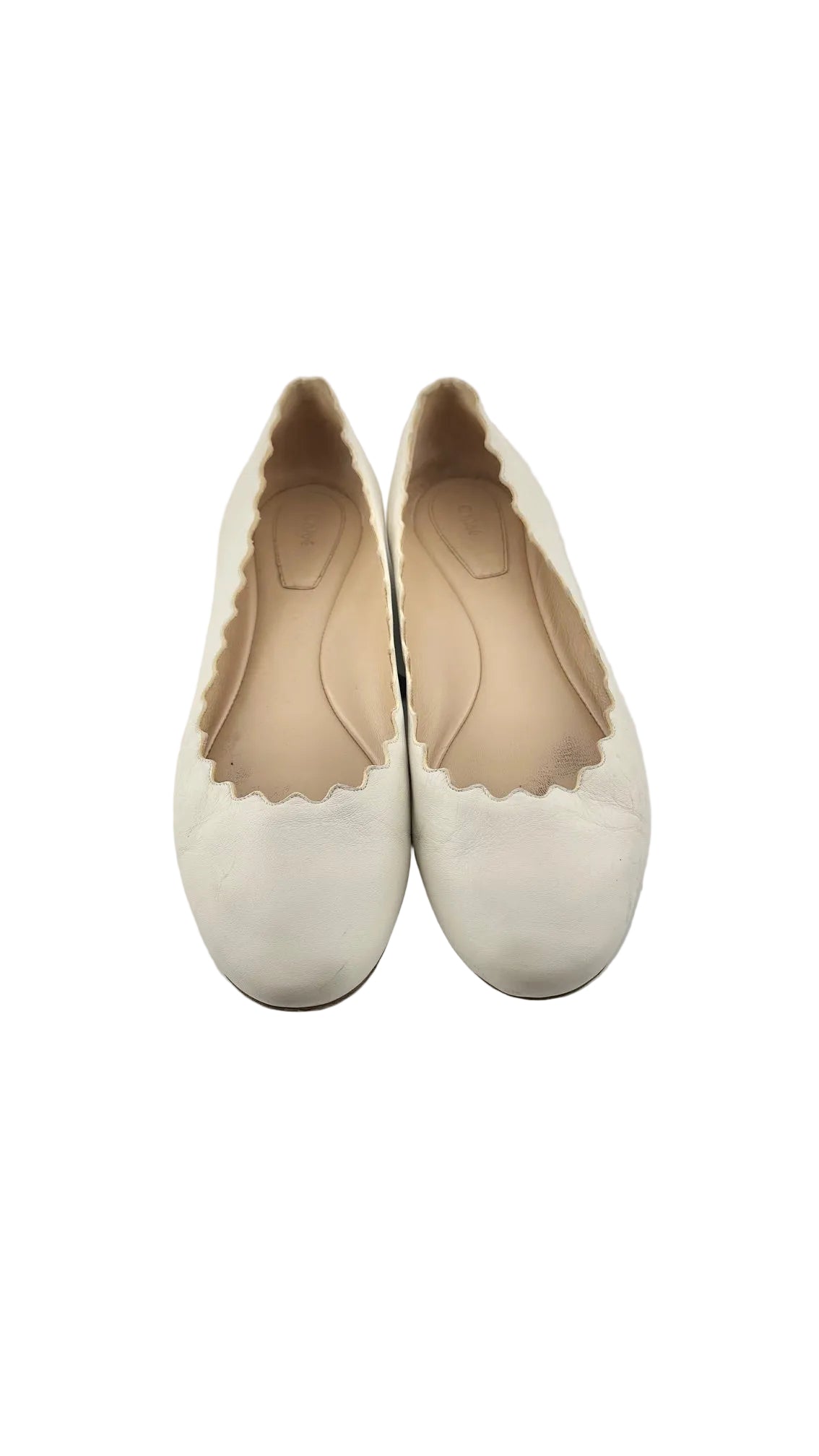 Chloe - White Leather Scalloped Ballet Flats - 40.5