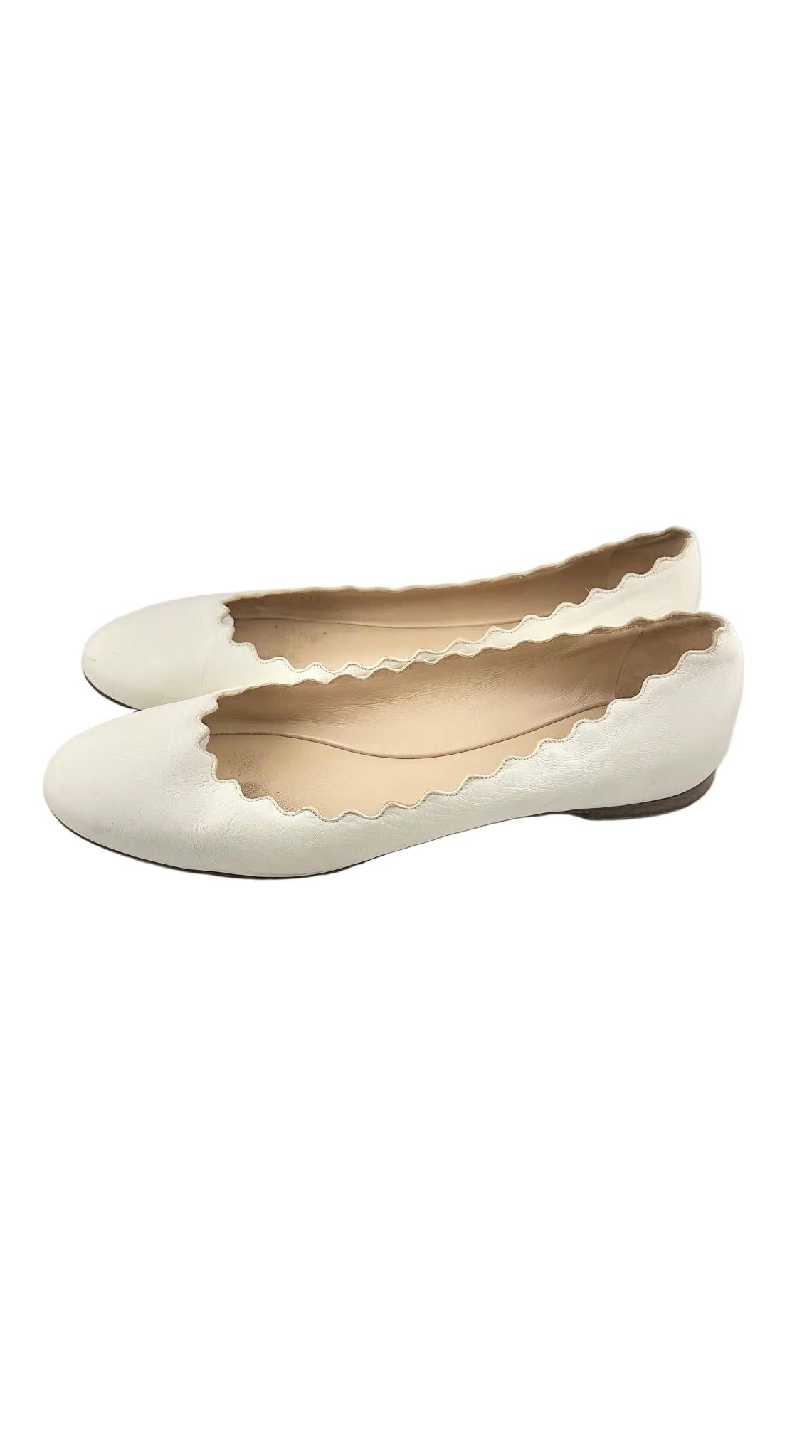 Chloe - White Leather Scalloped Ballet Flats - 40.5