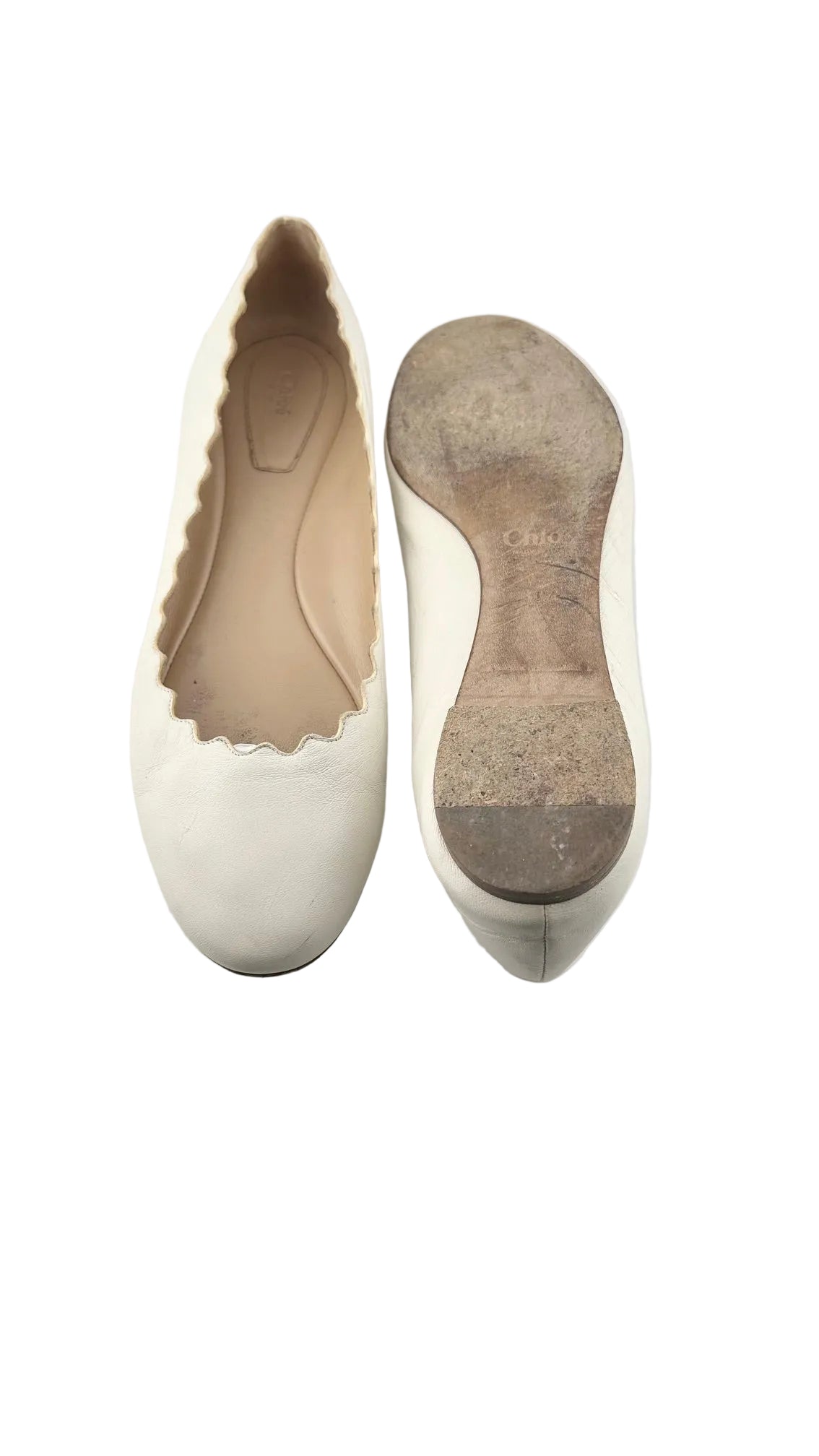 Chloe - White Leather Scalloped Ballet Flats - 40.5