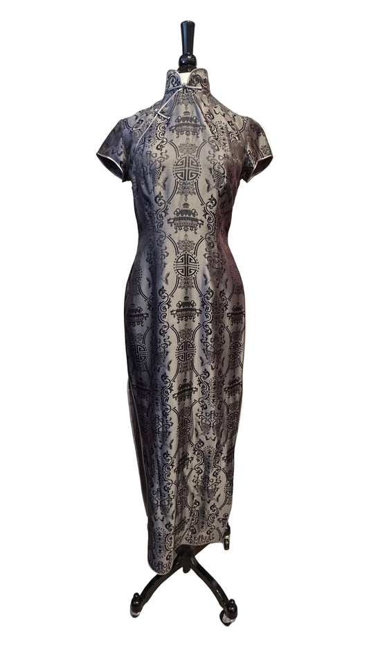 Shanghai Tang - Vintage Grey Black Silk Cheongsam Dress - Small