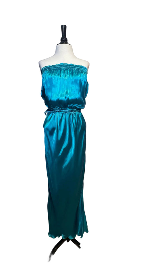 Lanvin - Vintage Strapless Aqua Silk Satin Dress - M