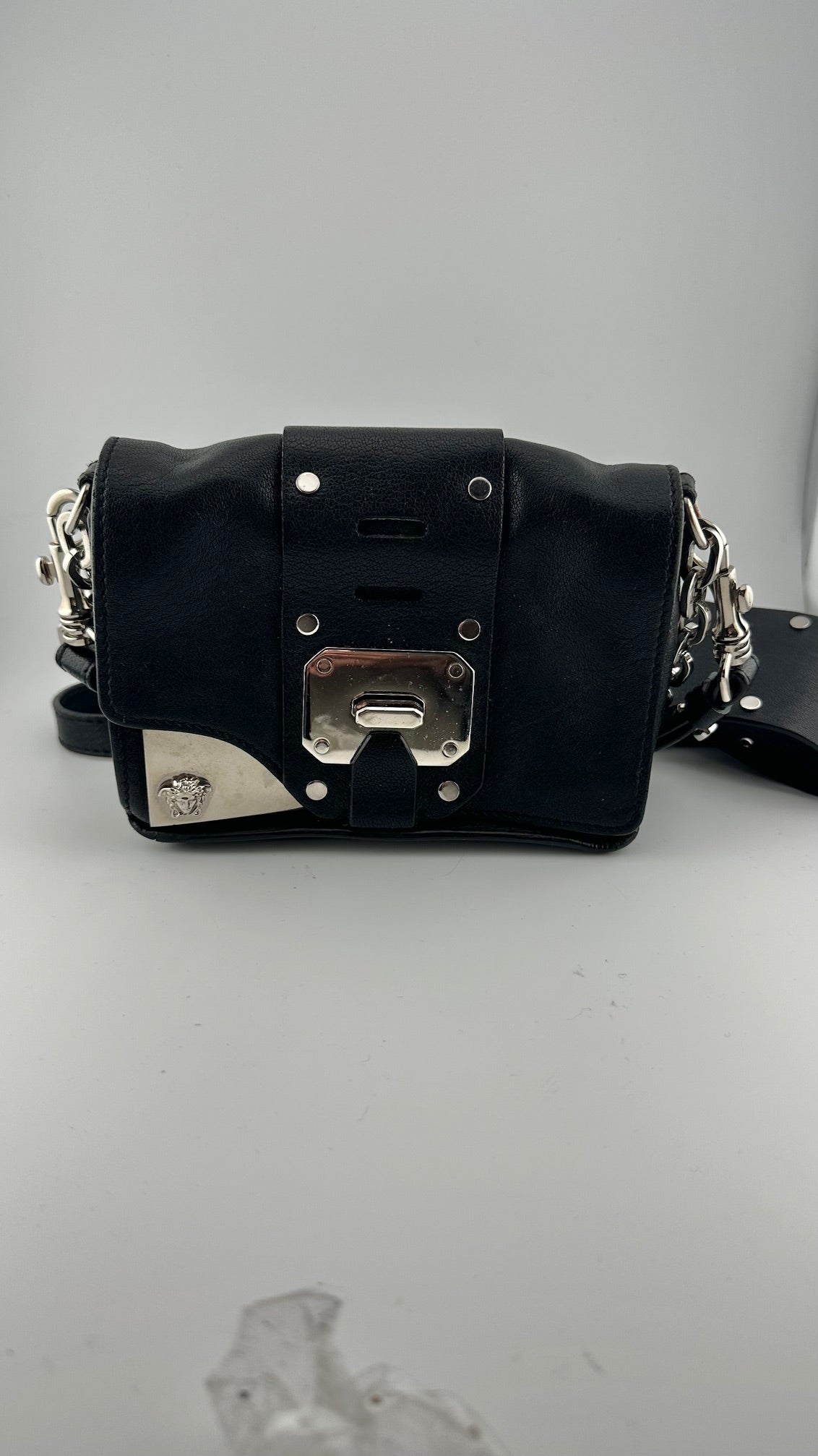 Versace - Mini Silver Chain Black Leather Handbag