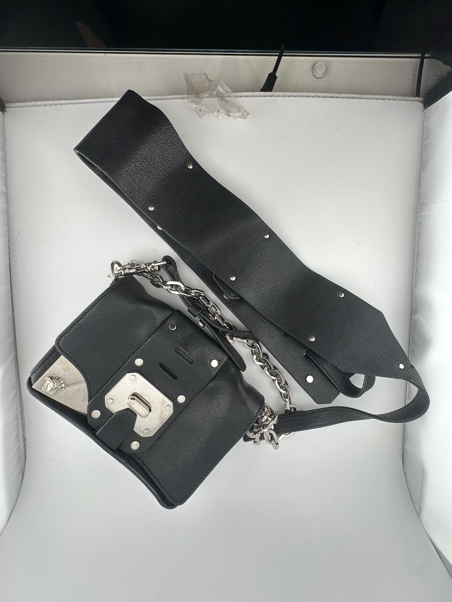 Versace - Mini Silver Chain Black Leather Handbag