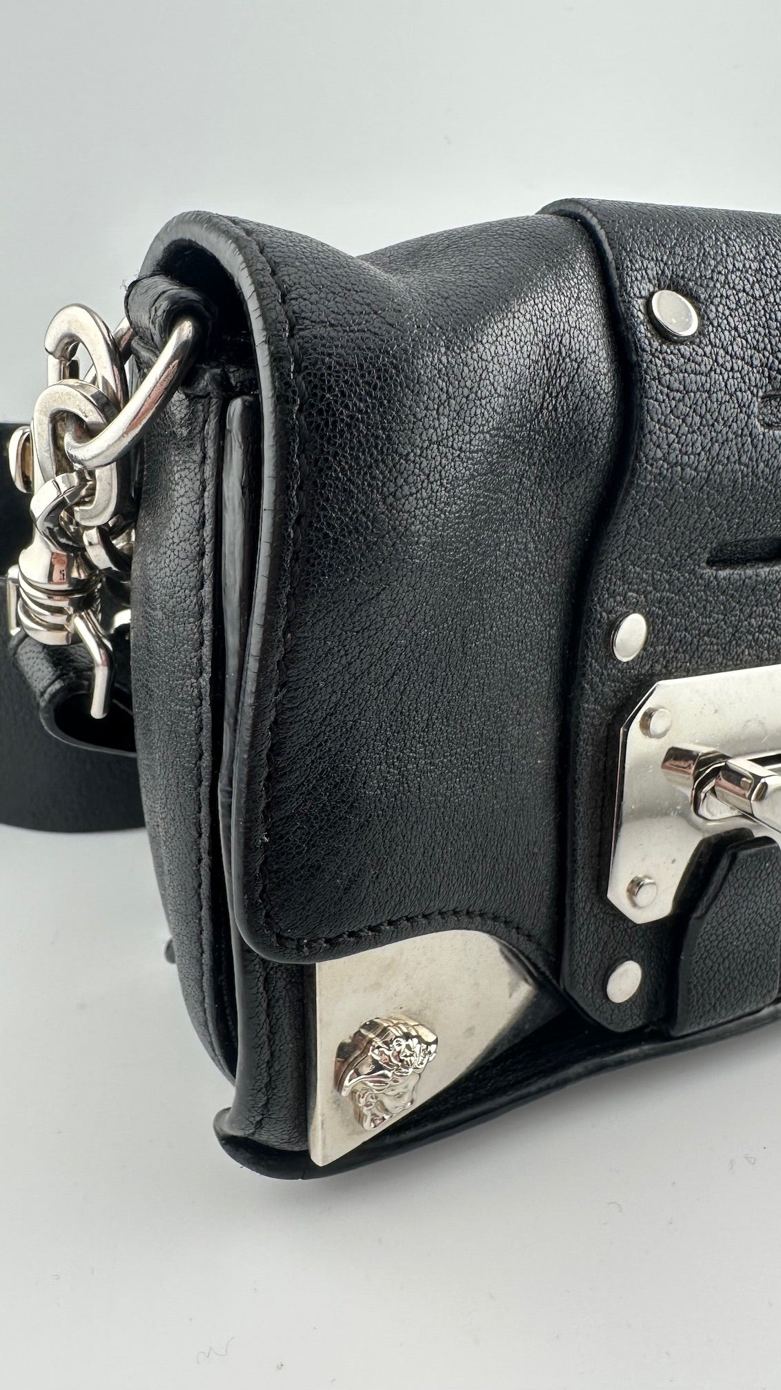 Versace - Mini Silver Chain Black Leather Handbag
