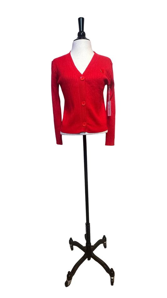 Saylor - Red Ribbed Cardigan with Heart Brooch - X-Small