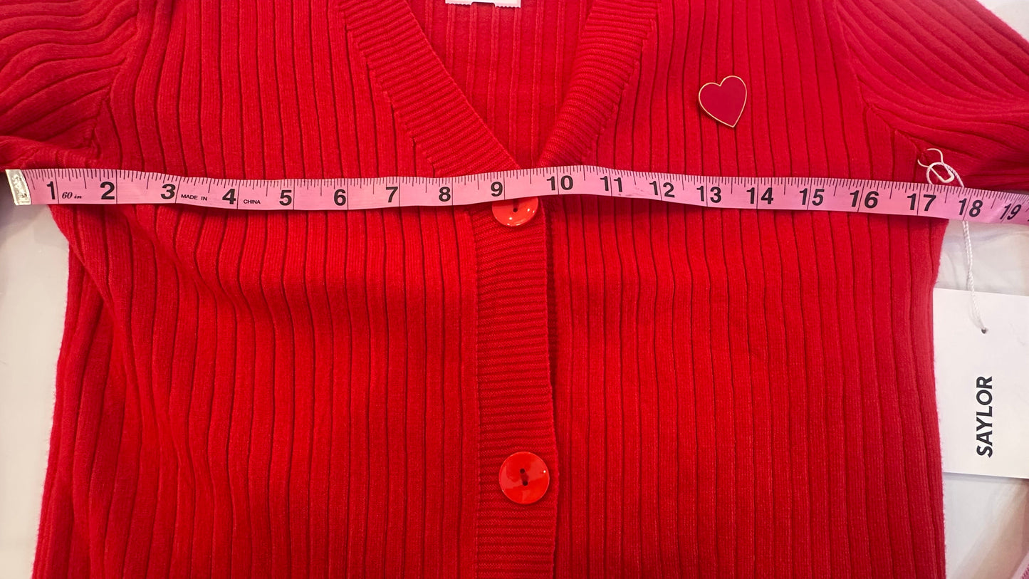 Saylor - Red Ribbed Cardigan with Heart Brooch - X-Small