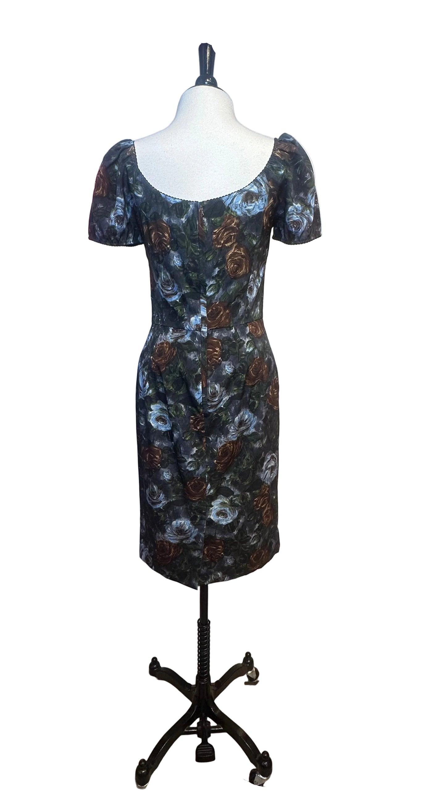 DOLCE & GABBANA - Blue and Brown Rose Print Silk Dress - 42