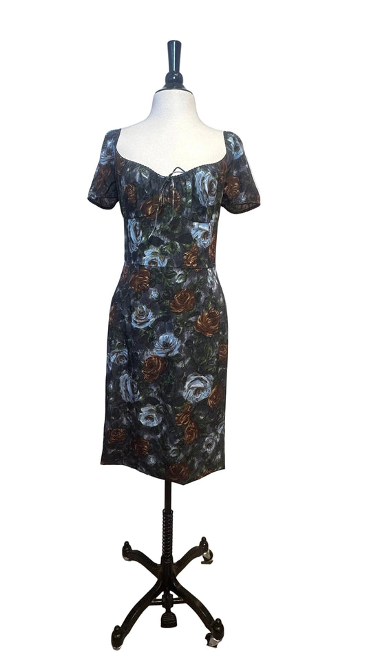 DOLCE & GABBANA - Blue and Brown Rose Print Silk Dress - 42
