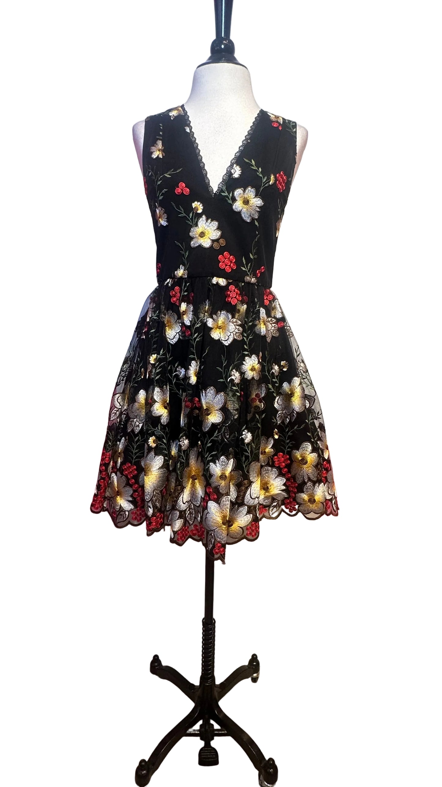Alice + Olivia - Black Floral Embroidered Dress - 2