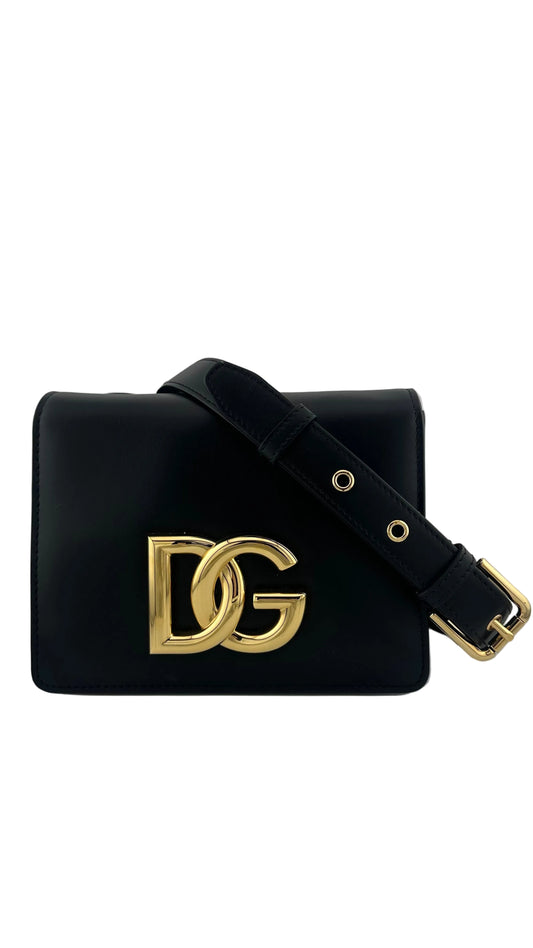 DOLCE & GABBANA - Black Leather Logo Crossbody Bag