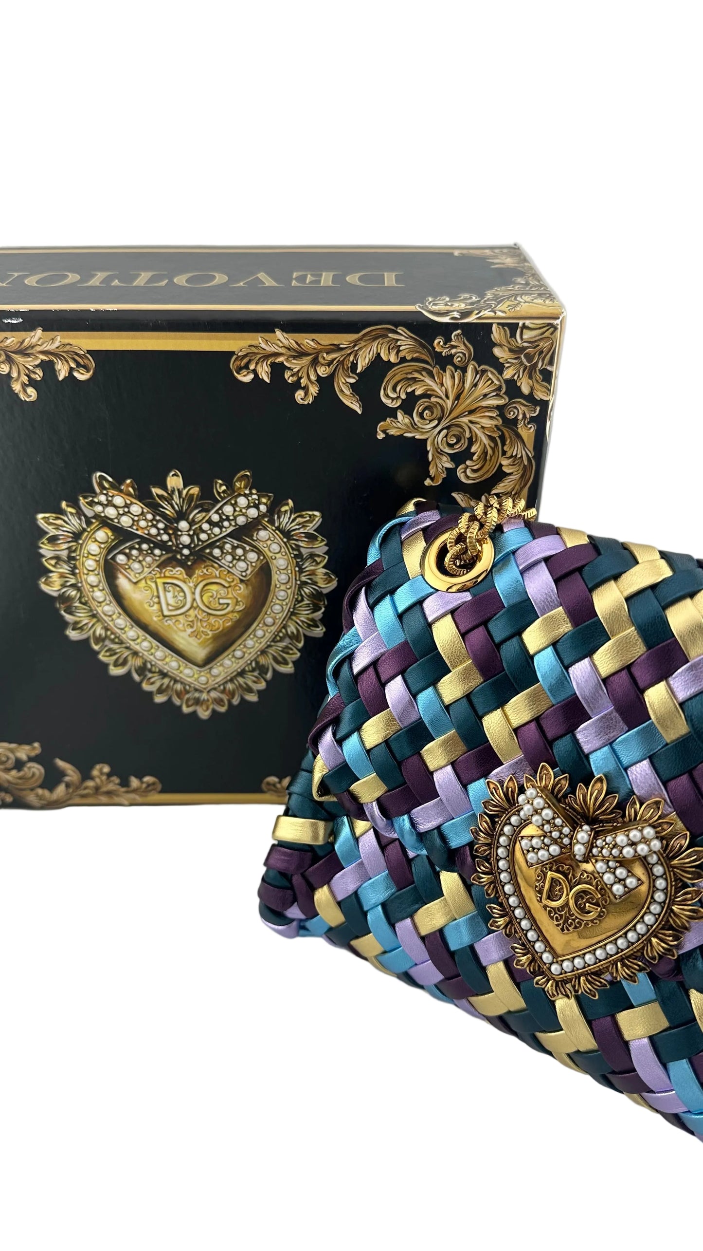 DOLCE & GABBANA - DEVOTION Blue Purple Gold Woven Metallic Bag