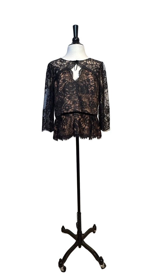 Marchesa Notte - Black Lace Long Sleeve Top - 12