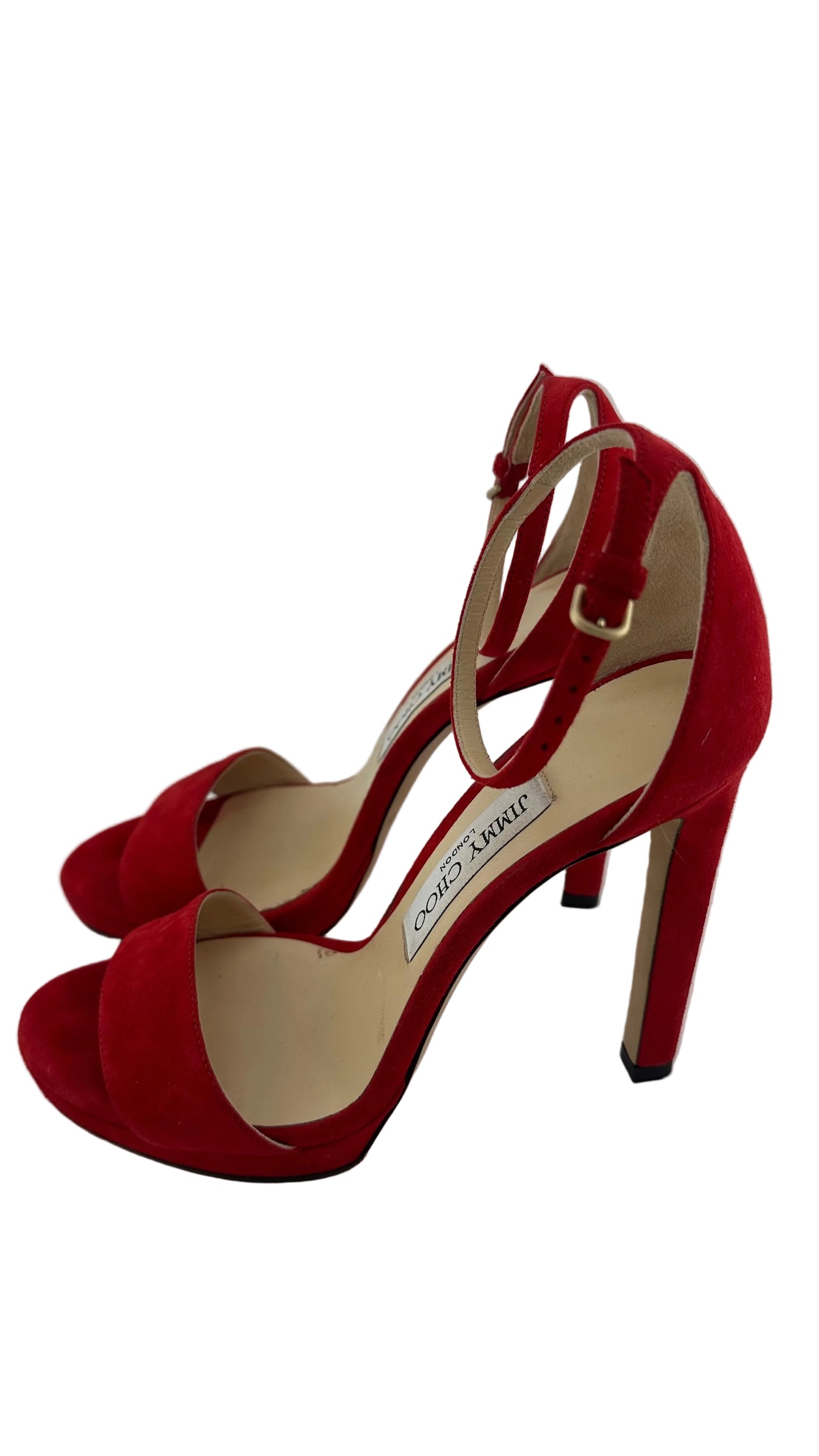 Jimmy Choo - Red Suede Ankle Strap Heel - 36.5