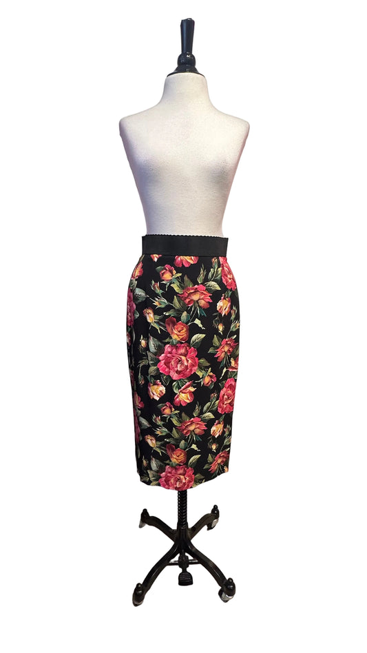DOLCE & GABBANA - Black Pink Floral Print Pencil Skirt - 36