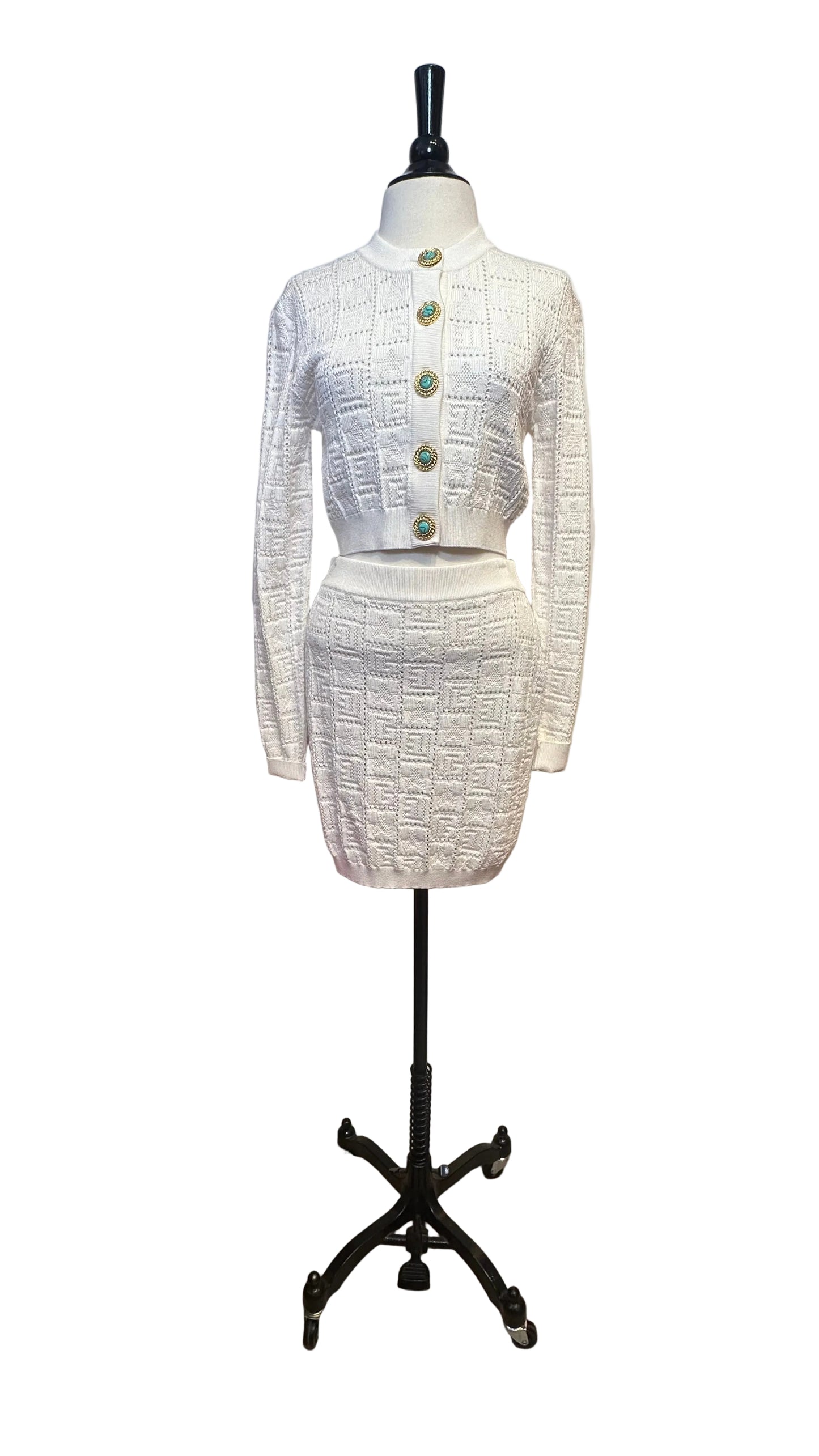 BALMAIN Paris - White Monogram Pointelle Knit Cropped Cardigan - 38