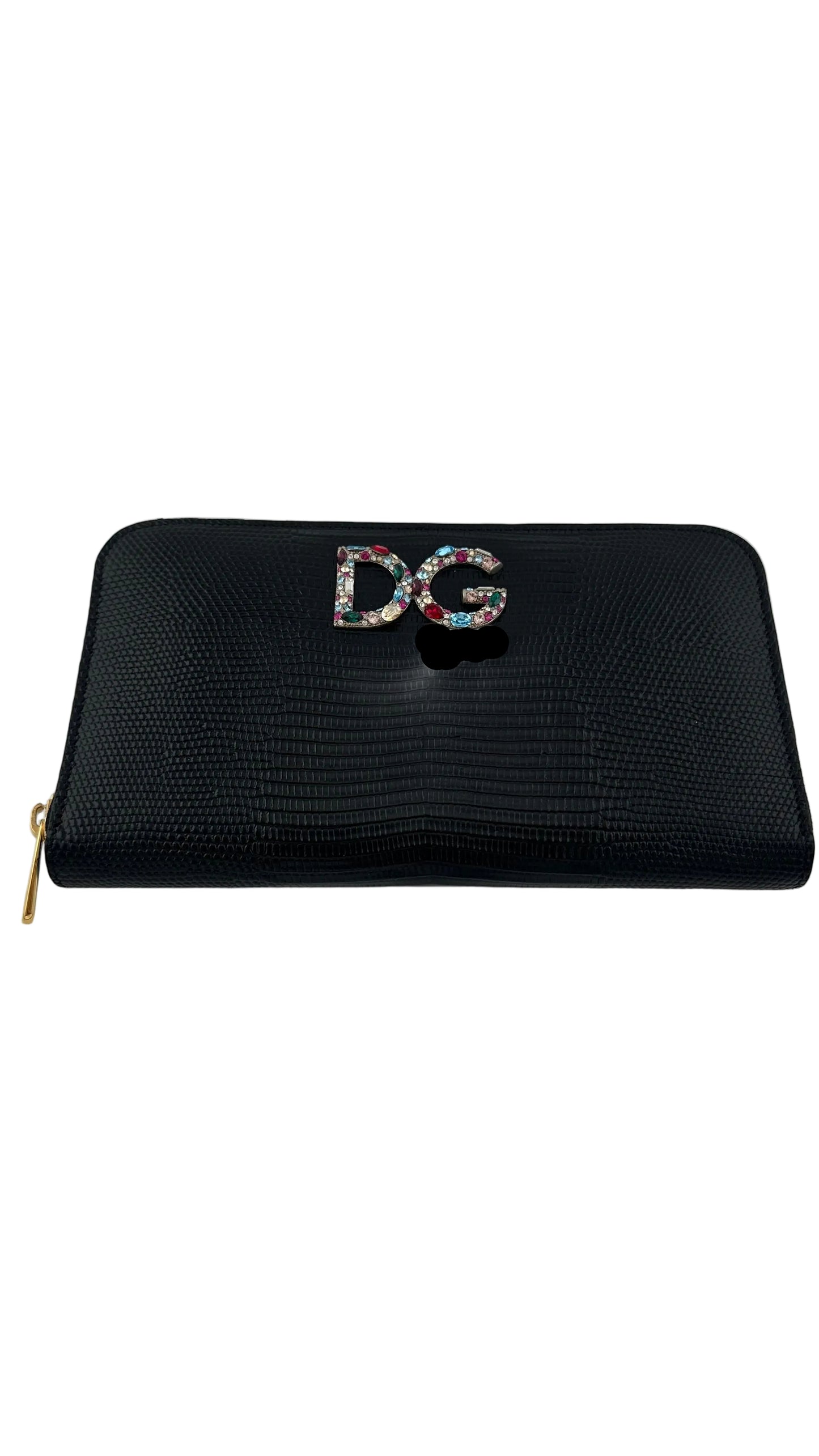 DOLCE & GABBANA - Black Lizard Embossed Leather Wallet with Crystal Logo