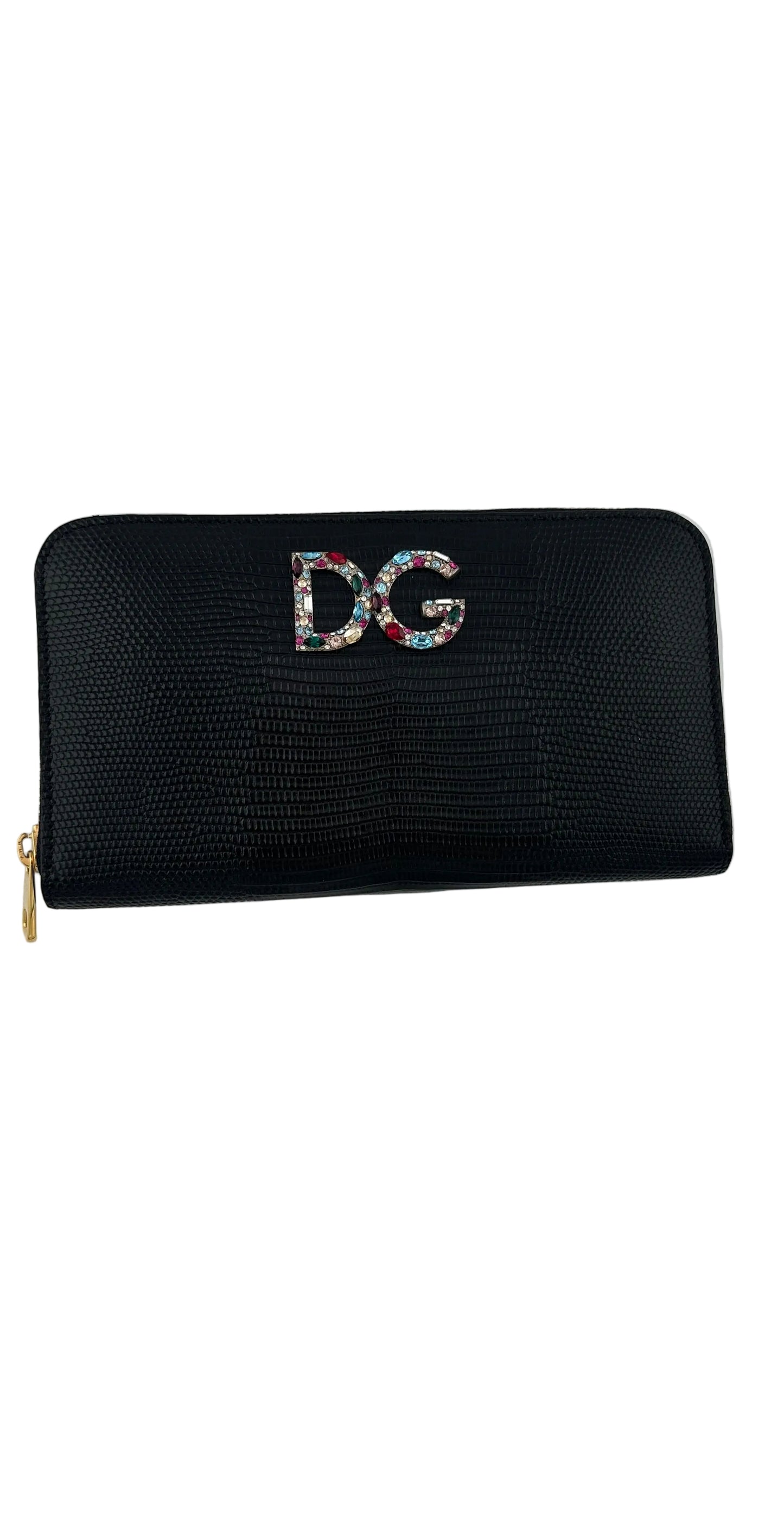 DOLCE & GABBANA - Black Lizard Embossed Leather Wallet with Crystal Logo