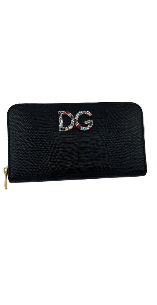 DOLCE & GABBANA - Black Lizard Embossed Leather Wallet with Crystal Logo