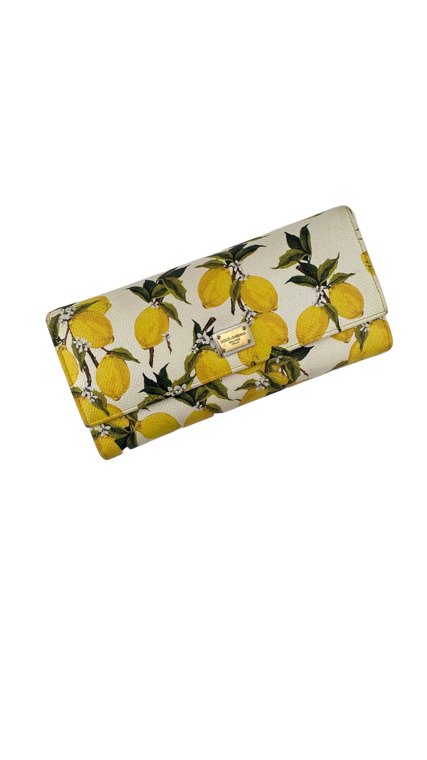 DOLCE & GABBANA - White Yellow Lemon Print Leather Flap Continental Wallet