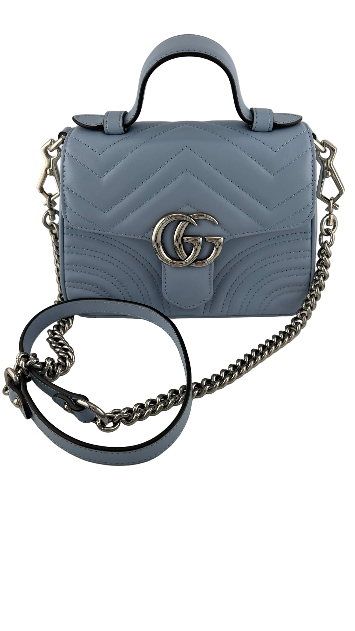 Gucci - Blue Matelasse Leather Mini GG Marmont Top Handle Bag