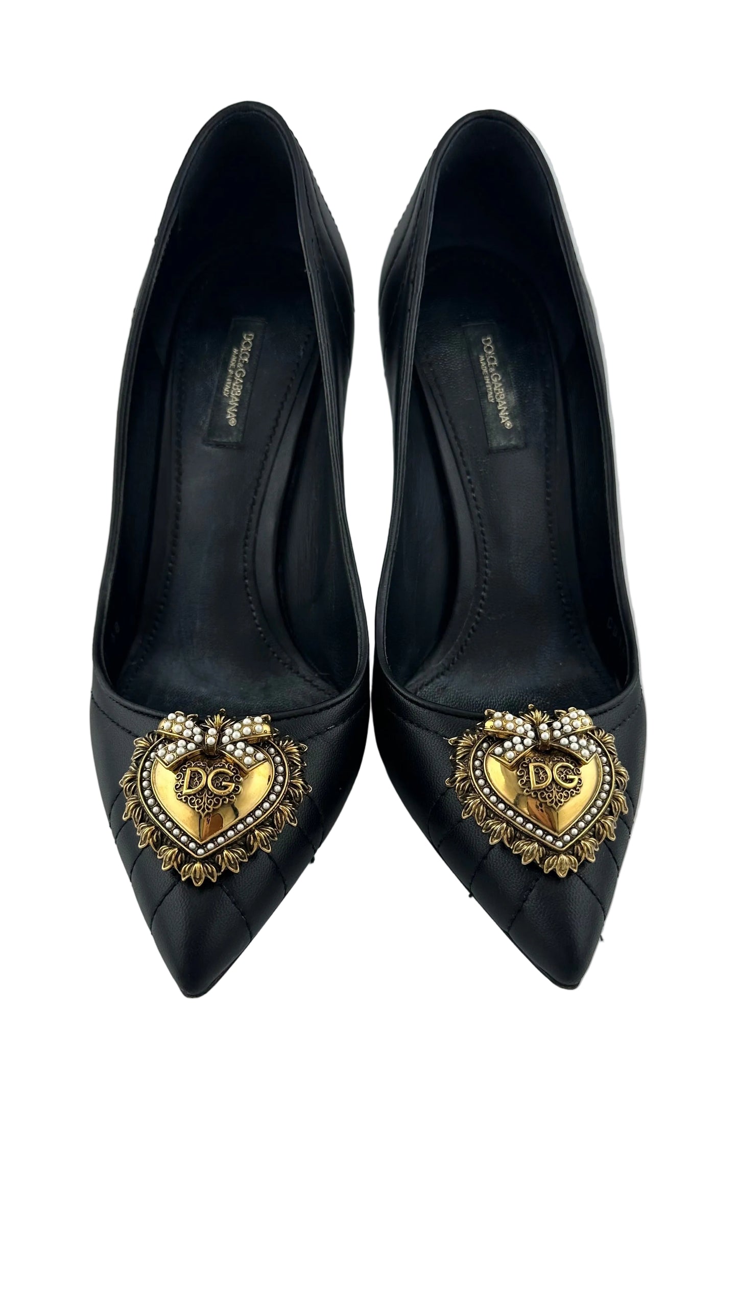 DOLCE & GABBANA - Lori Devotion Black Leather Heels with Gold Heart - 38
