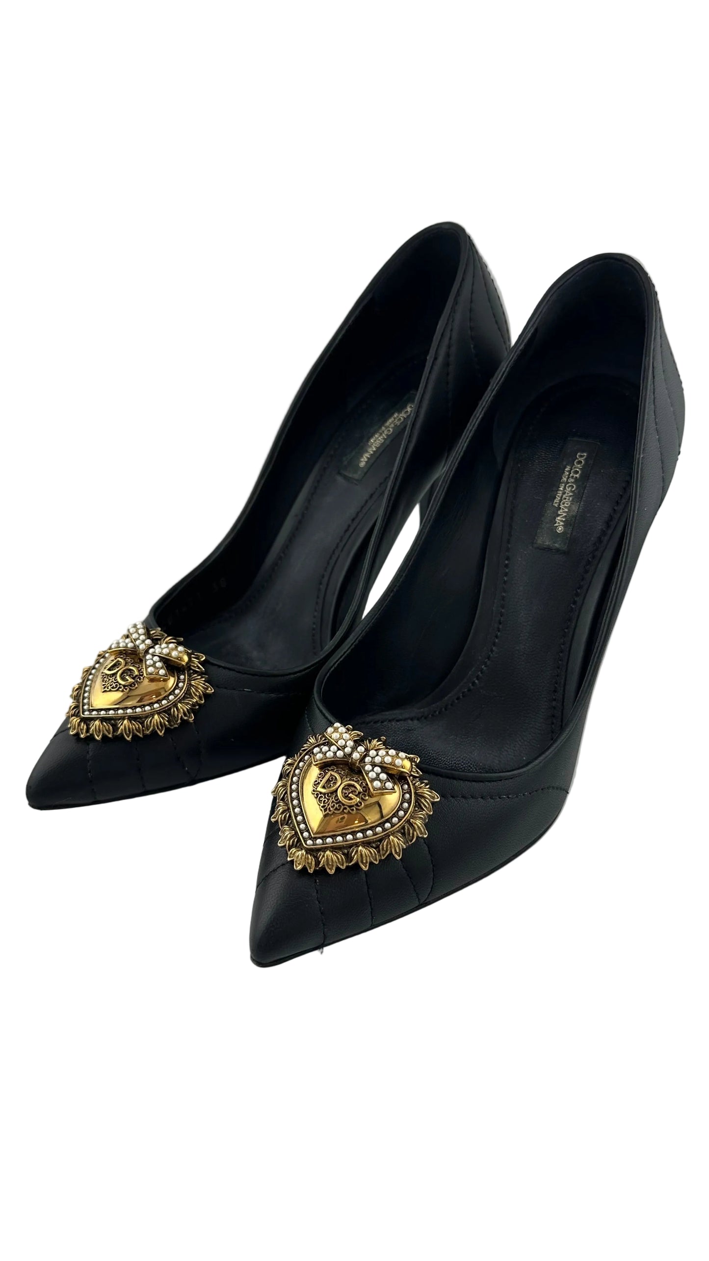 DOLCE & GABBANA - Lori Devotion Black Leather Heels with Gold Heart - 38