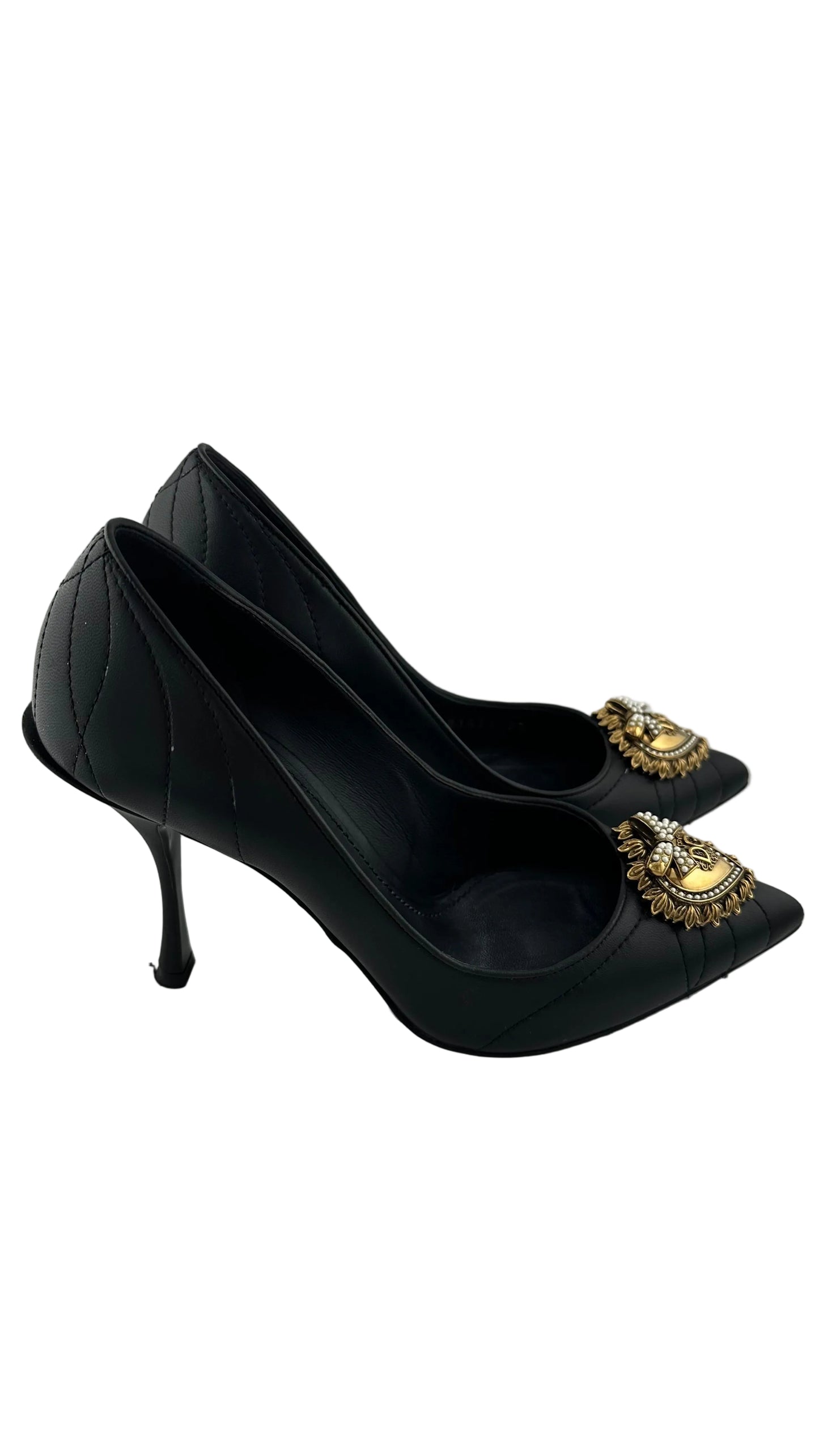 DOLCE & GABBANA - Lori Devotion Black Leather Heels with Gold Heart - 38