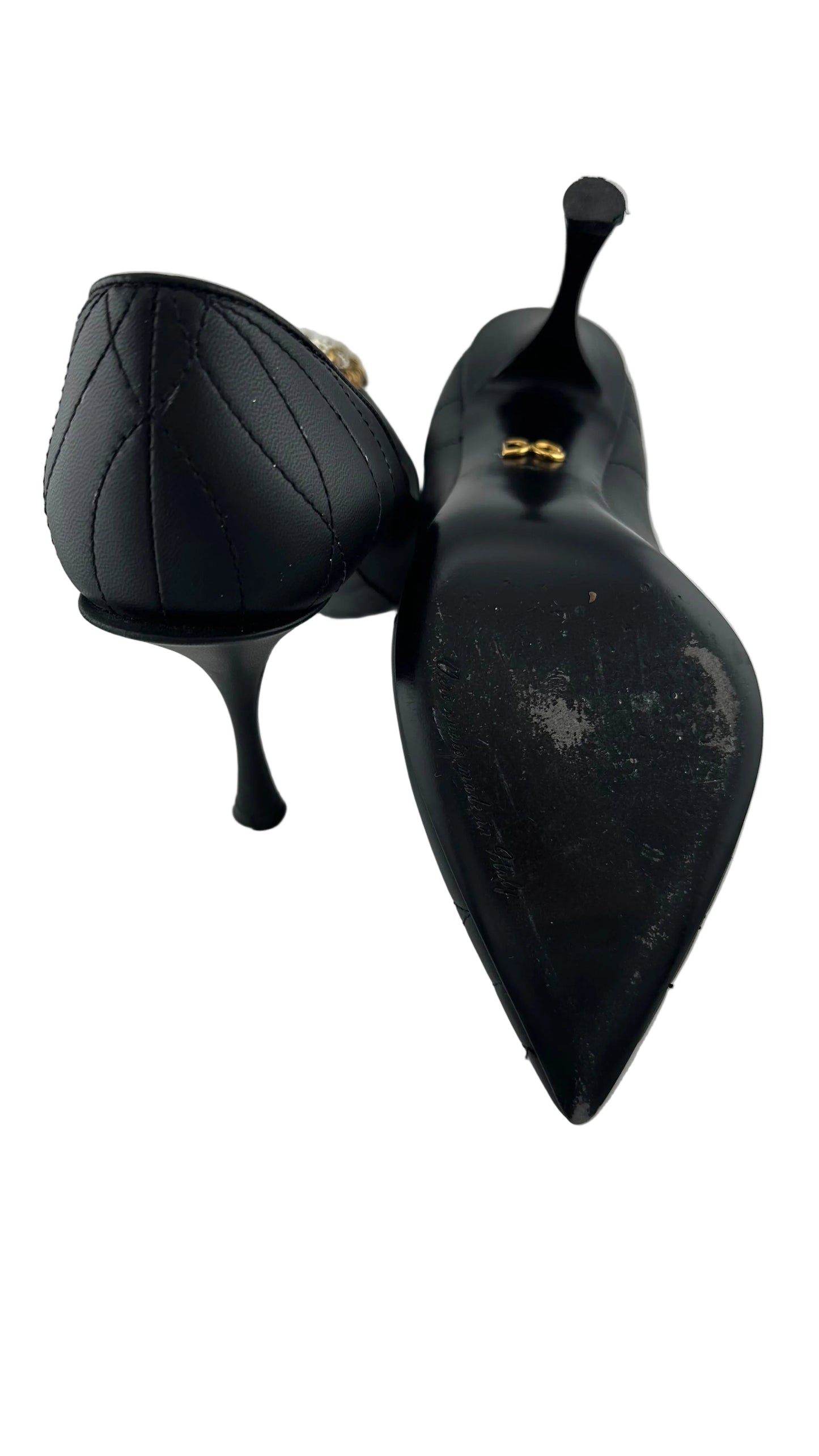 DOLCE & GABBANA - Lori Devotion Black Leather Heels with Gold Heart - 38