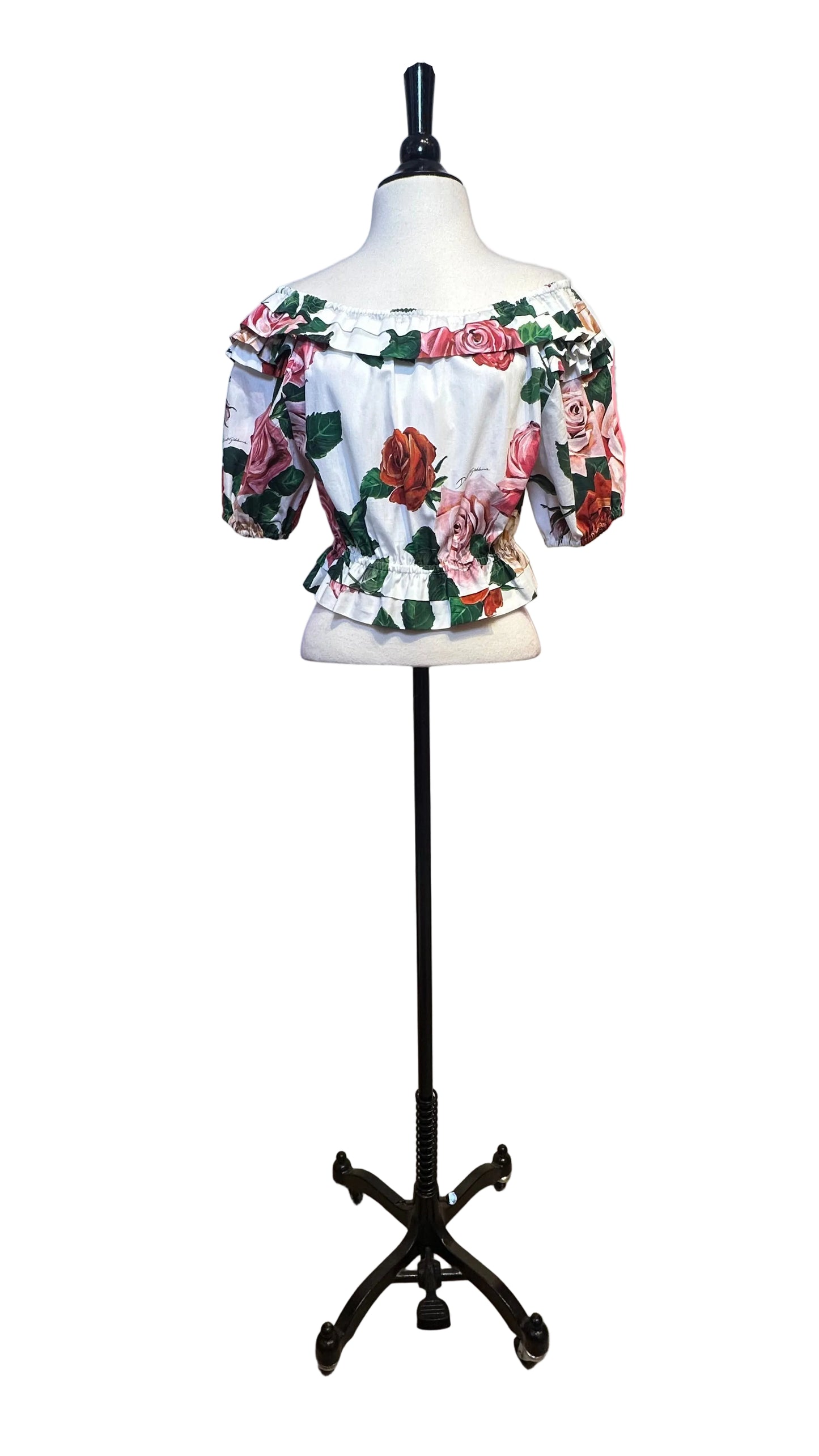 DOLCE & GABBANA - White Pink Floral Cotton Off-Shoulder Top - 11/12