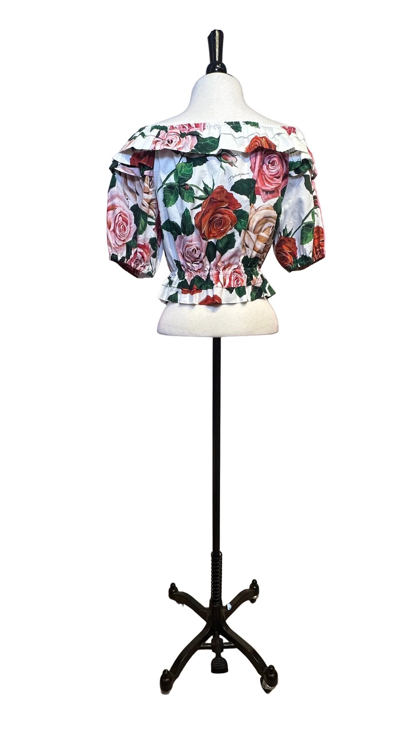 DOLCE & GABBANA - White Pink Floral Cotton Off-Shoulder Top - 11/12